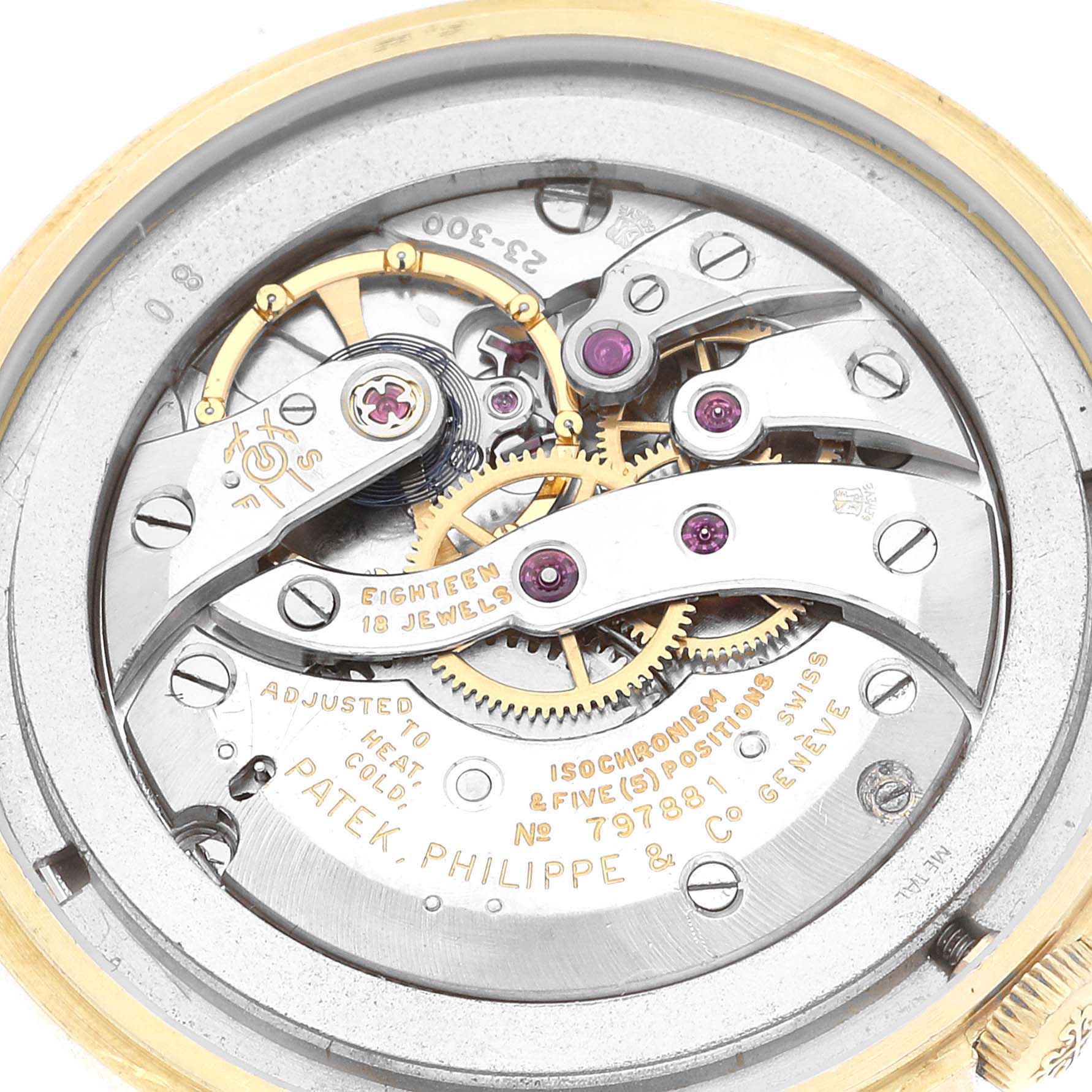 This close-up image shows the intricate mechanical movement of the Patek Philippe Calatrava 3416 Men's Yellow Gold Silver Dial 3416 Men's Yellow Gold Silver Dial watch.