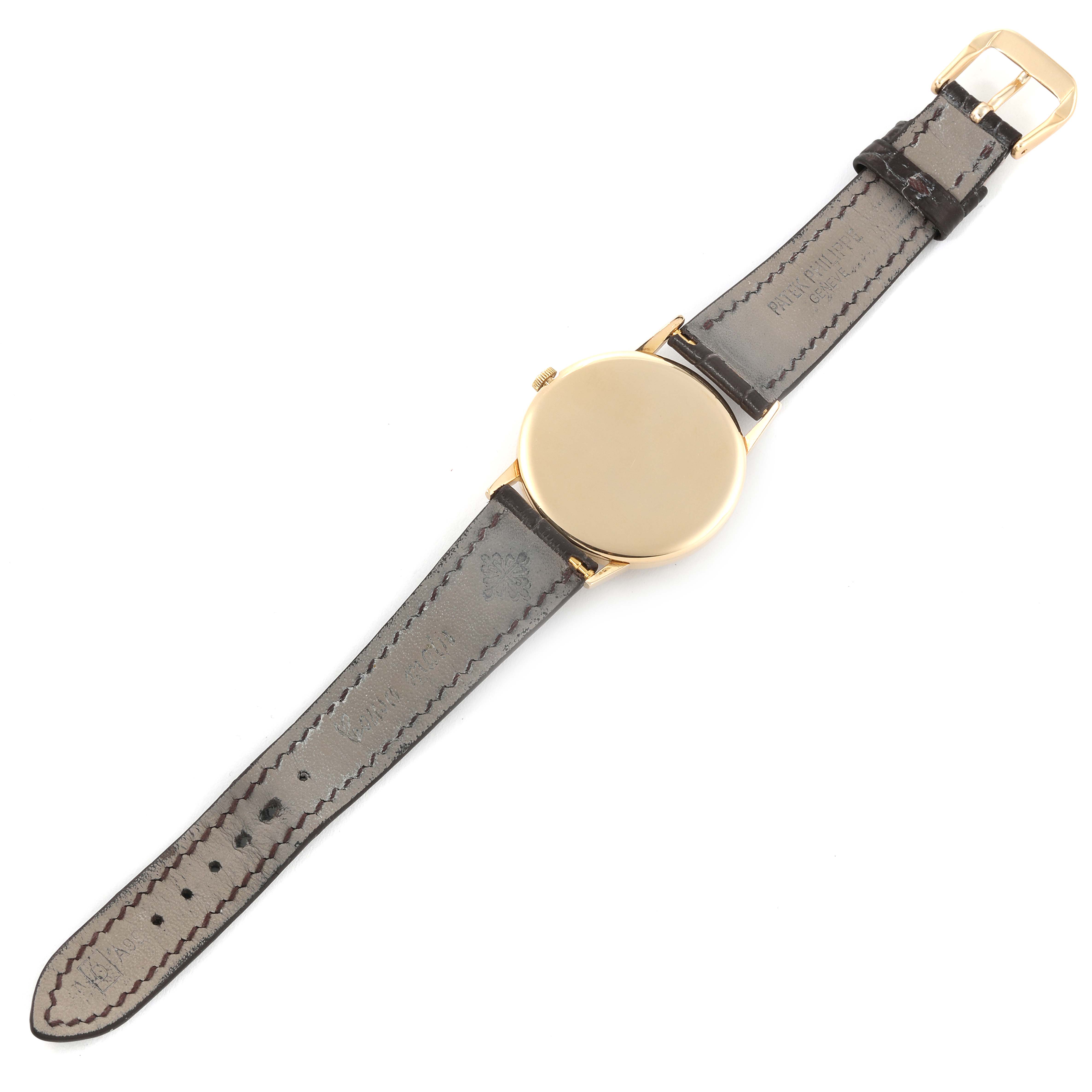 This image shows the back view of the Calatrava watch by Patek Philippe, including the case, crown, and strap.