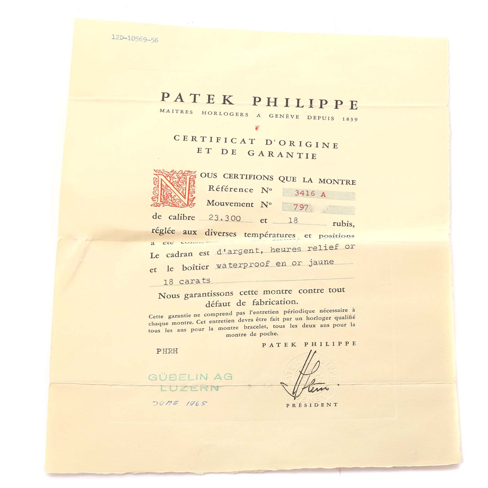 This is the certificate of origin and guarantee for a Patek Philippe Calatrava 3416 Men's Yellow Gold Silver Dial 3416 Men's Yellow Gold Silver Dial model, viewed from the front.