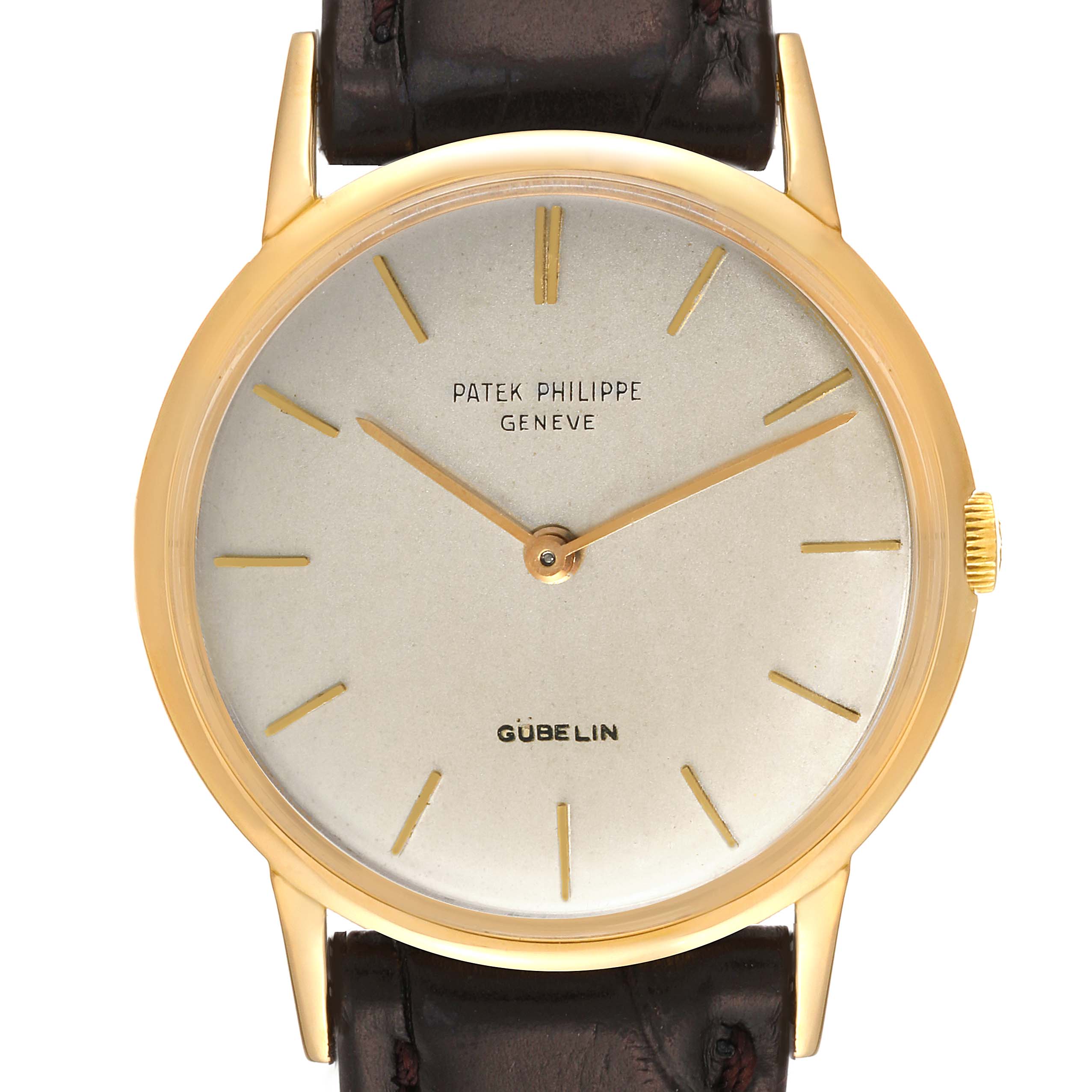 This image shows a front view of the Patek Philippe Calatrava 3416 Men's Yellow Gold Silver Dial 3416 Men's Yellow Gold Silver Dial watch, highlighting the dial, hands, crown, and leather strap.