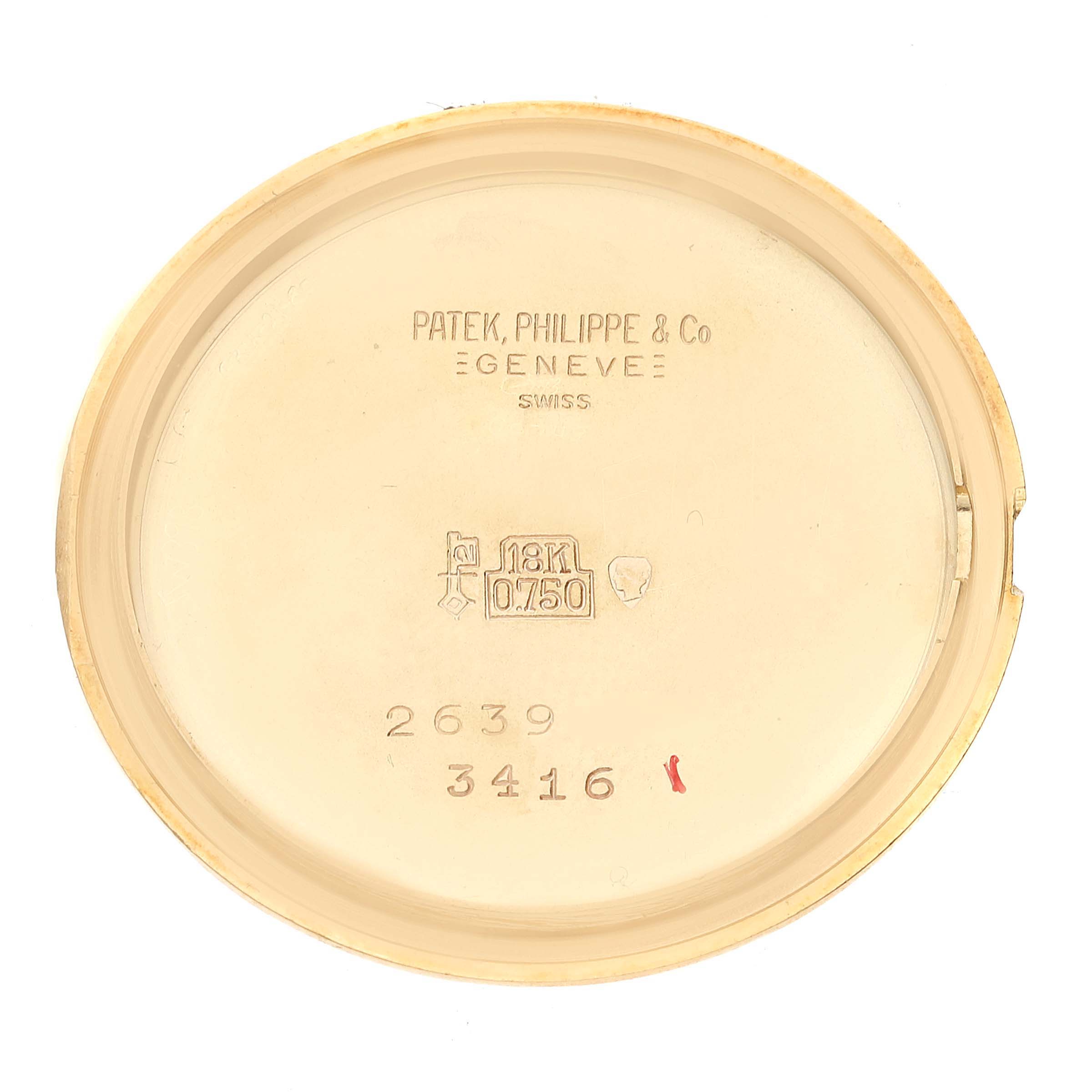 This image shows the inner side of the case back of a Patek Philippe Calatrava 3416 Men's Yellow Gold Silver Dial 3416 Men's Yellow Gold Silver Dial watch, displaying model and material information.