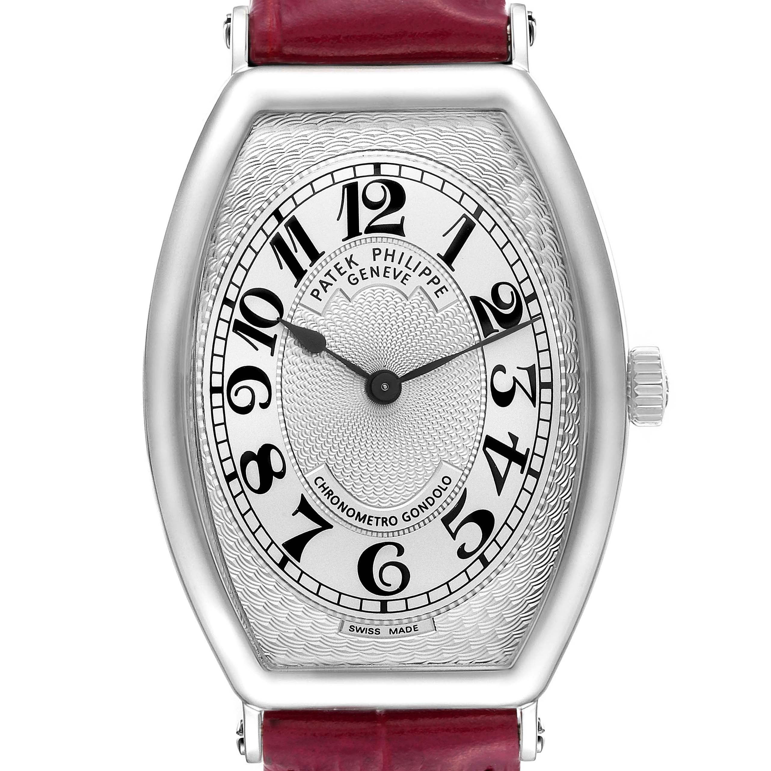 The image shows a front view of the Patek Philippe Gondolo 5098P Men's Platinum Silver Dial 5098P Men's Platinum Silver Dial watch, highlighting the dial, numerals, and part of the burgundy strap.