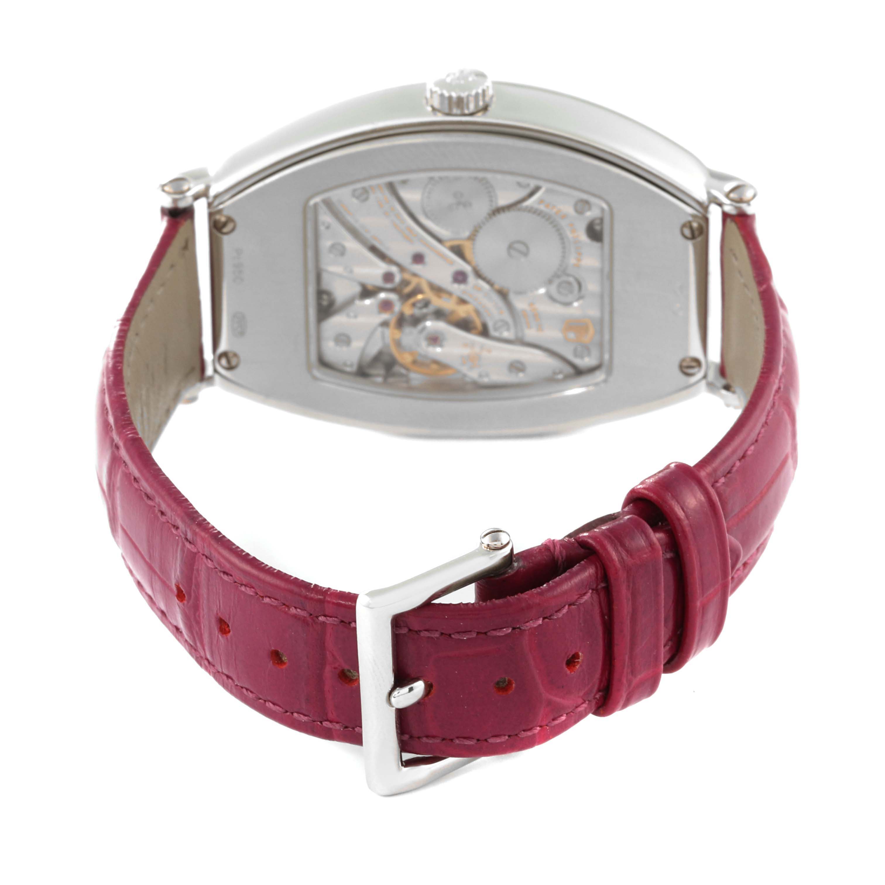 The image shows the back and side view of a Patek Philippe Gondolo 5098P Men's Platinum Silver Dial 5098P Men's Platinum Silver Dial watch, highlighting its mechanical movement and red strap.