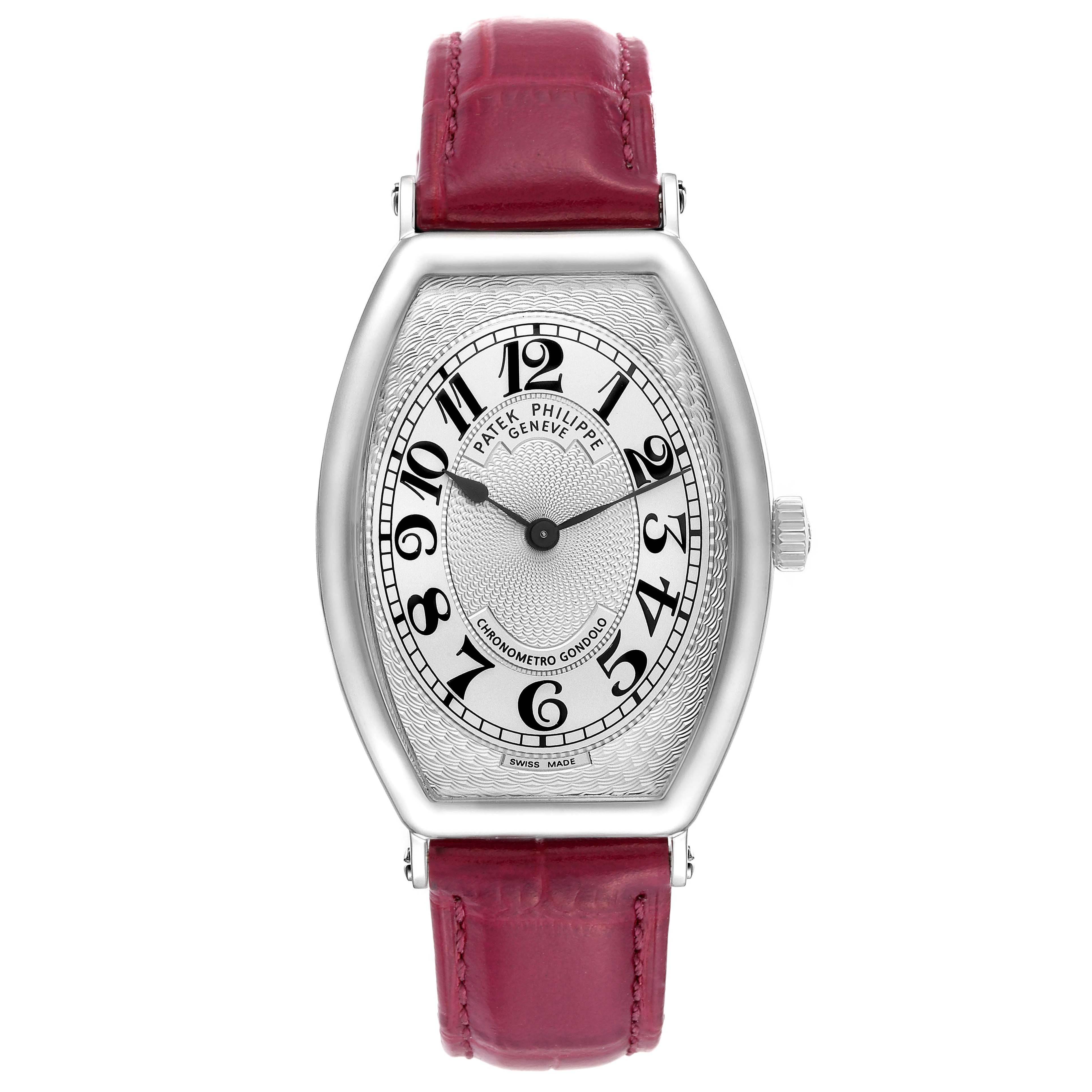This image shows a front view of a Patek Philippe Gondolo 5098P Men's Platinum Silver Dial 5098P Men's Platinum Silver Dial watch with a red leather strap and a silver dial.