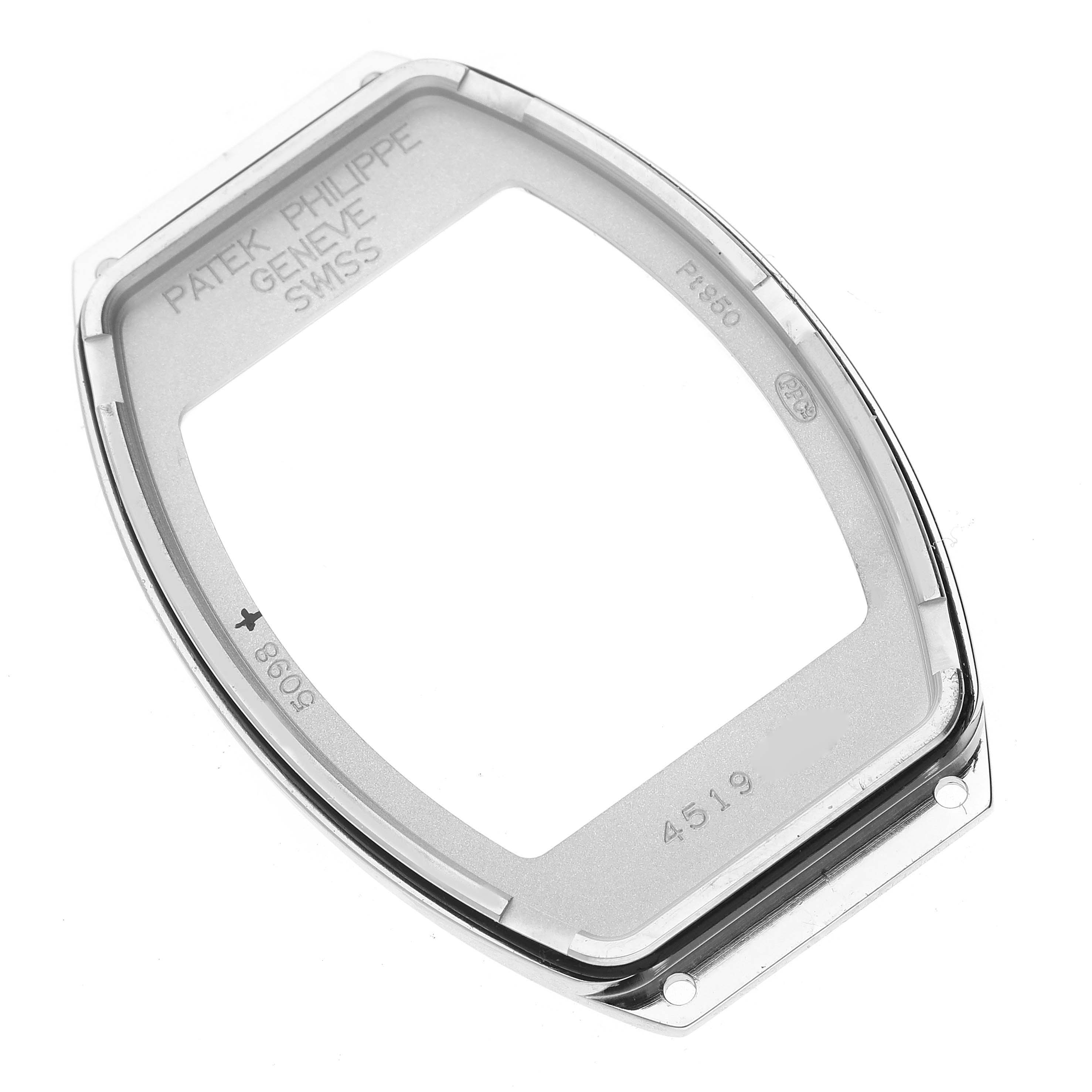 The image shows a Patek Philippe Gondolo 5098P Men's Platinum Silver Dial 5098P Men's Platinum Silver Dial watch case back viewed from an angled top-down perspective.