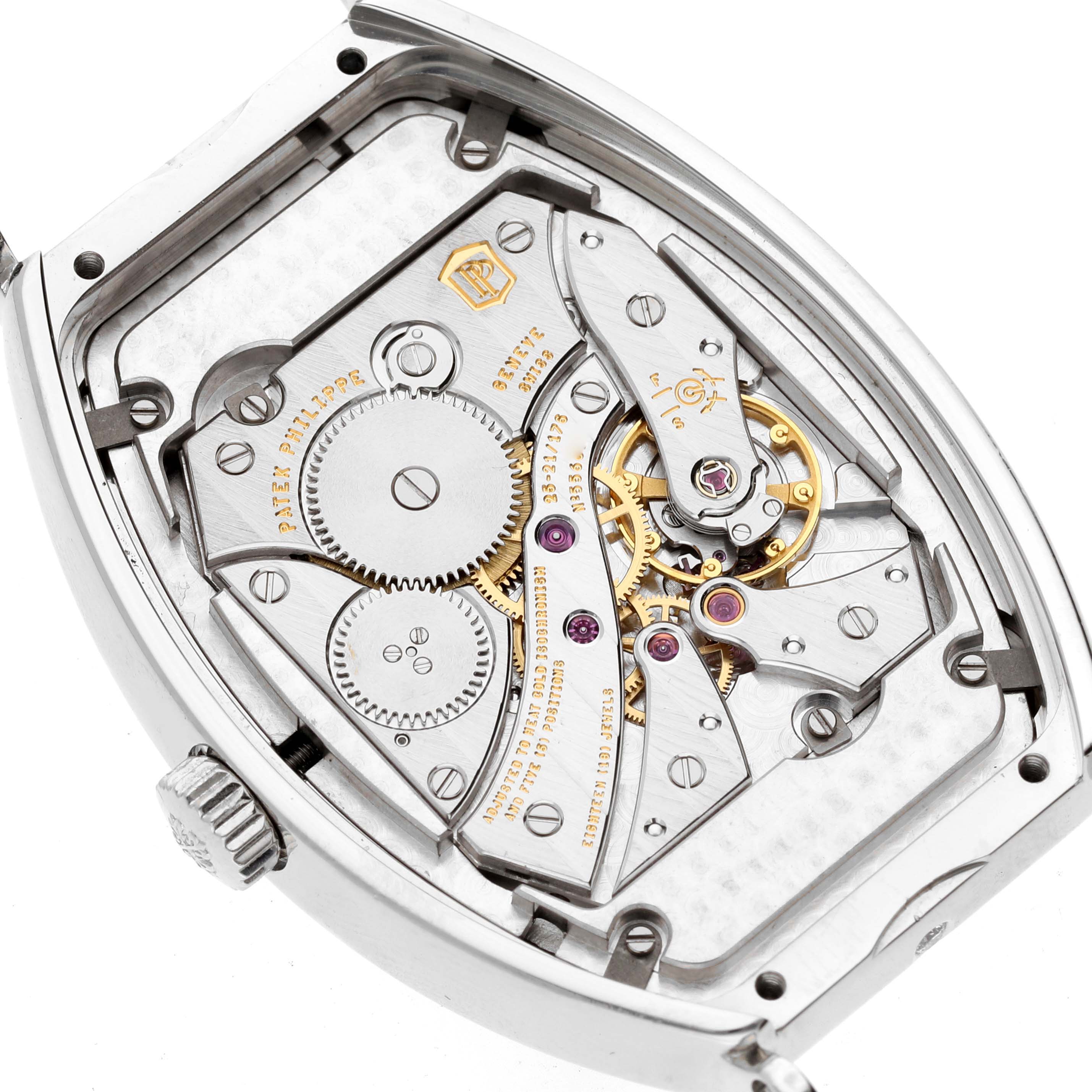 This image shows the back view of the Patek Philippe Gondolo 5098P Men's Platinum Silver Dial 5098P Men's Platinum Silver Dial watch, displaying its internal mechanical movement.