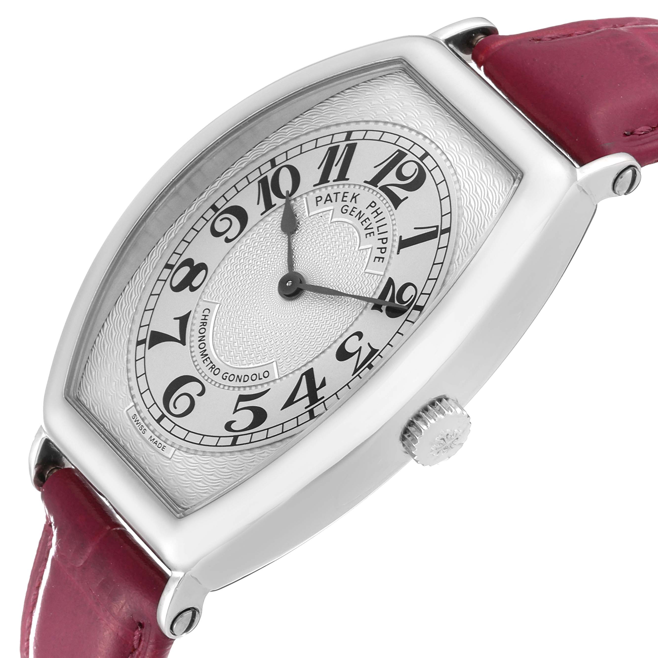 The image shows a Patek Philippe Gondolo 5098P Men's Platinum Silver Dial 5098P Men's Platinum Silver Dial watch at an angled view, highlighting its face, crown, and red leather strap.
