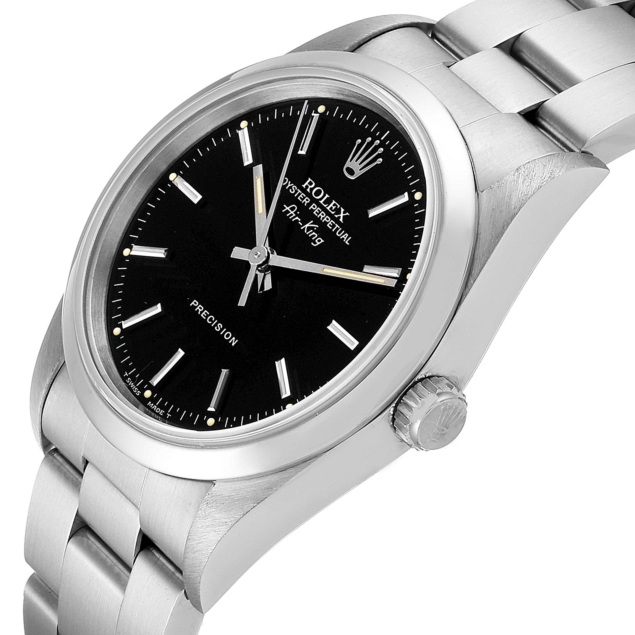 The image shows a Rolex Air-King 14000 Men's Stainless Steel Black Dial 14000 Men's Stainless Steel Black Dial watch at a slight angle, highlighting the black dial, crown, and part of the stainless steel bracelet.