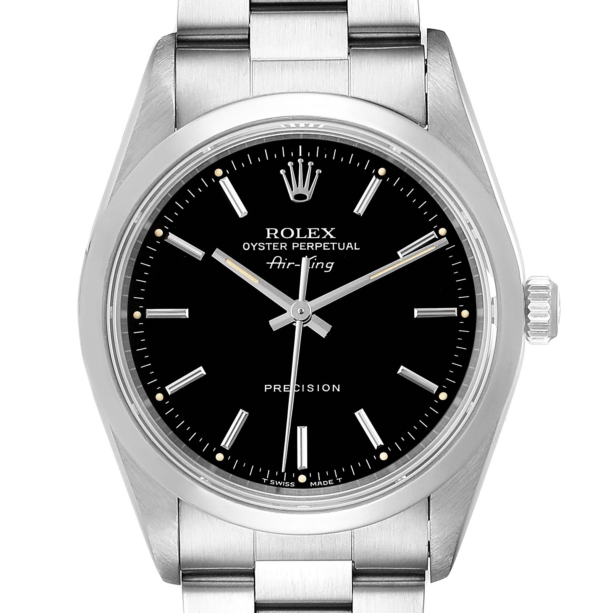 The image shows a front view of a Rolex Air-King 14000 Men's Stainless Steel Black Dial 14000 Men's Stainless Steel Black Dial watch, highlighting its black dial, silver indices, and stainless steel bracelet.