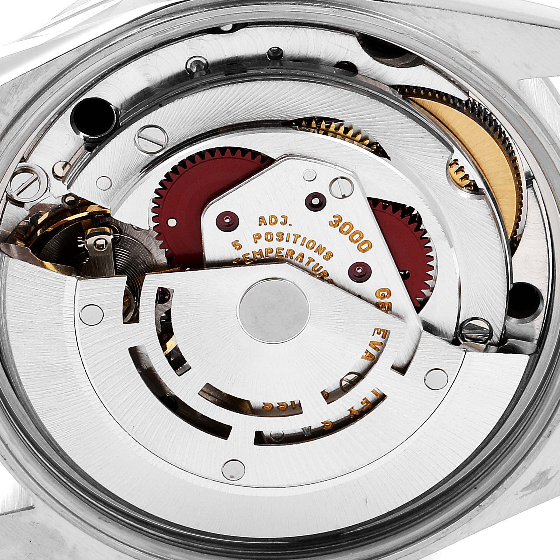 The image shows a close-up of the inner mechanism of a Rolex Air-King 14000 Men's Stainless Steel Black Dial 14000 Men's Stainless Steel Black Dial watch, highlighting gears and movement parts.