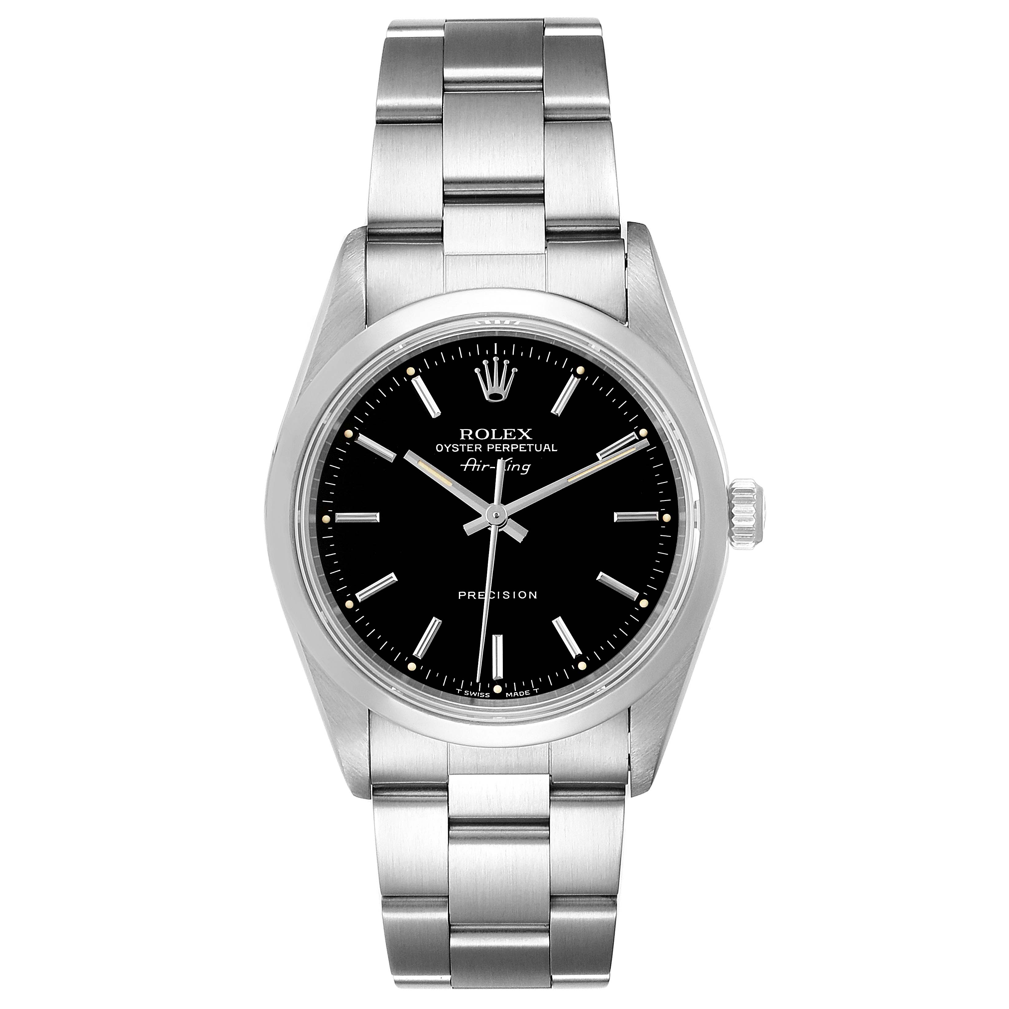 The image shows a front view of the Rolex Air-King 14000 Men's Stainless Steel Black Dial 14000 Men's Stainless Steel Black Dial watch, displaying its dial, case, and stainless steel bracelet.