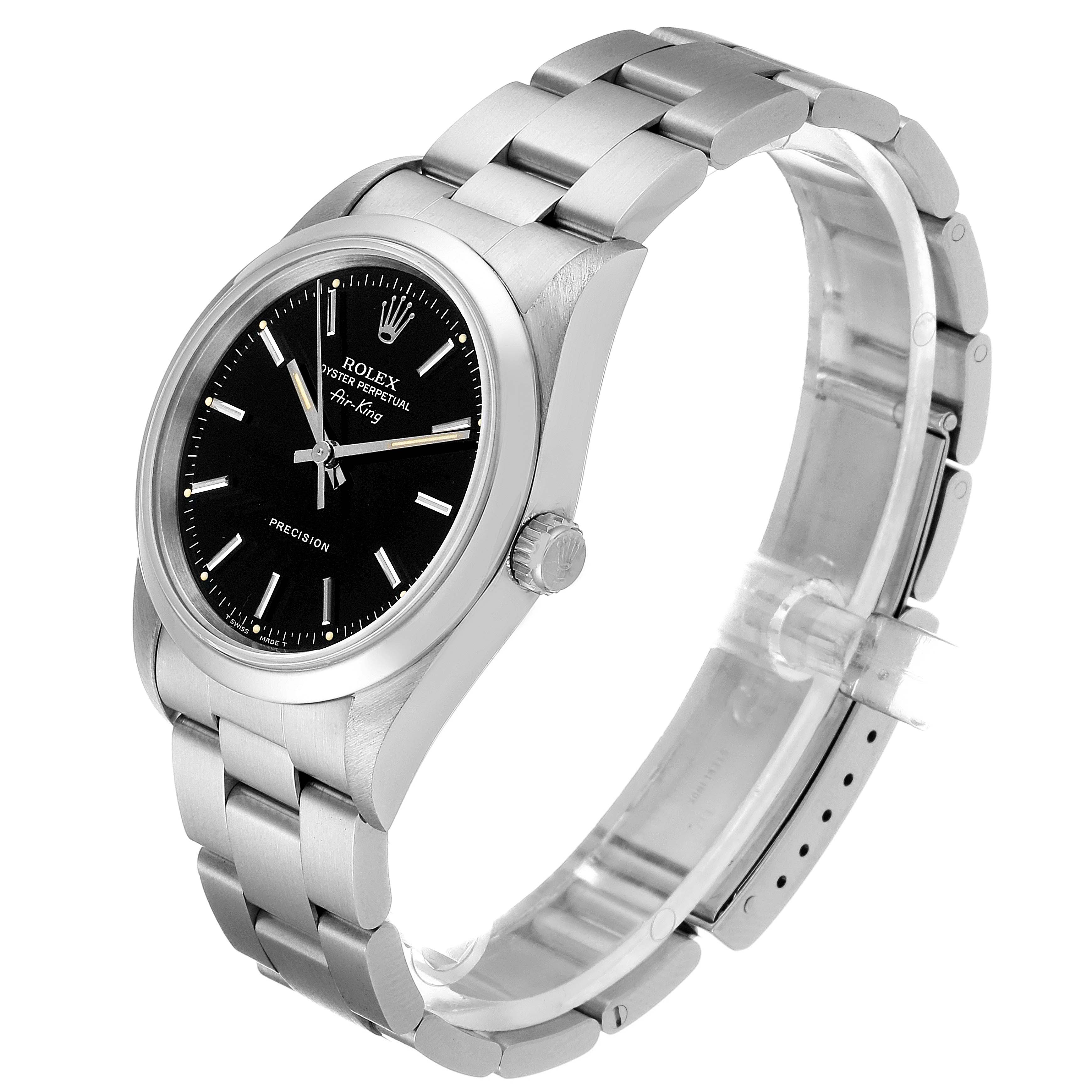 The Rolex Air-King 14000 Men's Stainless Steel Black Dial 14000 Men's Stainless Steel Black Dial watch is shown at an angled side view, displaying the bracelet, dial, and crown.