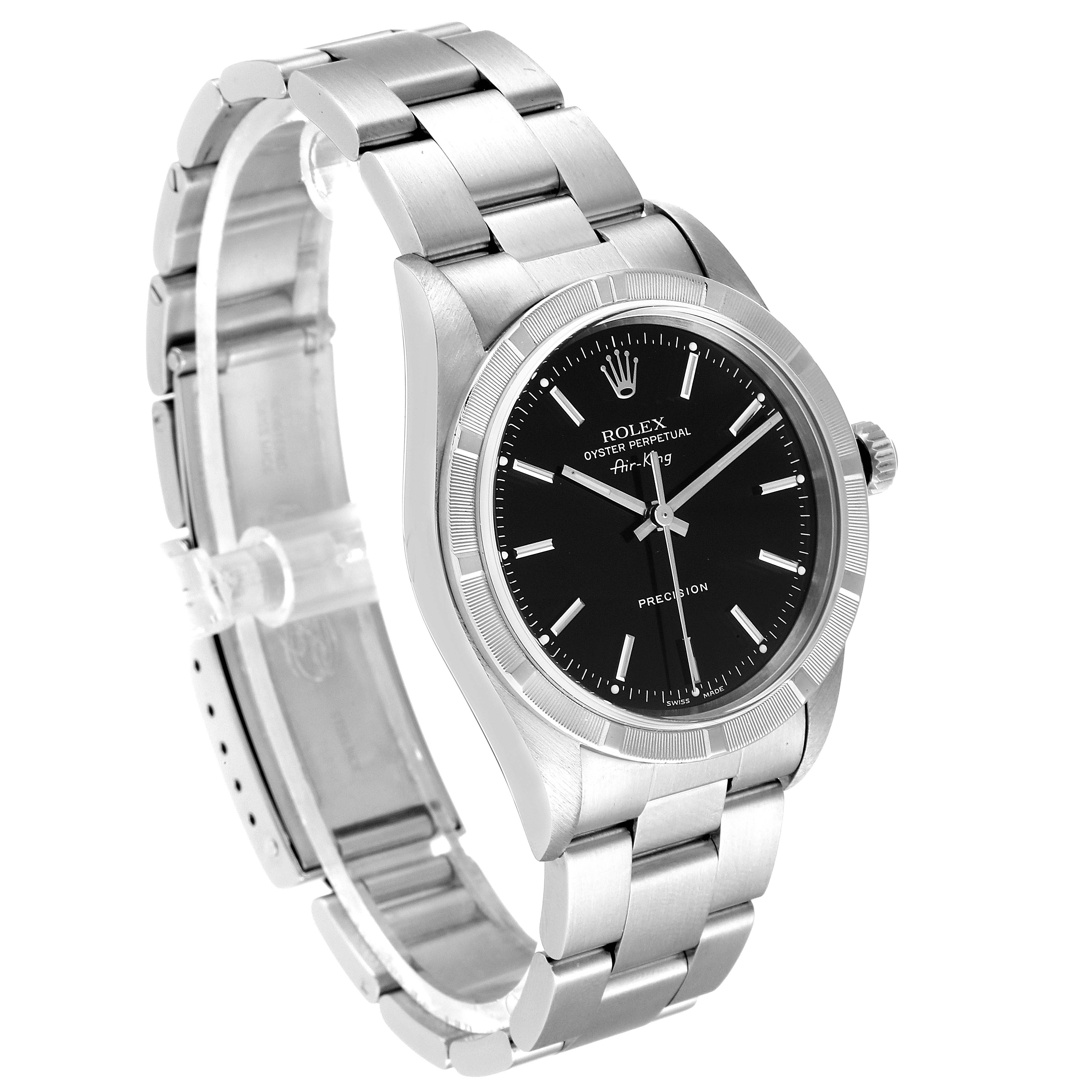 The image shows a partial side view of the Rolex Air-King 14010 Men's Stainless Steel Black Dial 14010 Men's Stainless Steel Black Dial watch, including the face, bezel, and partially opened bracelet.