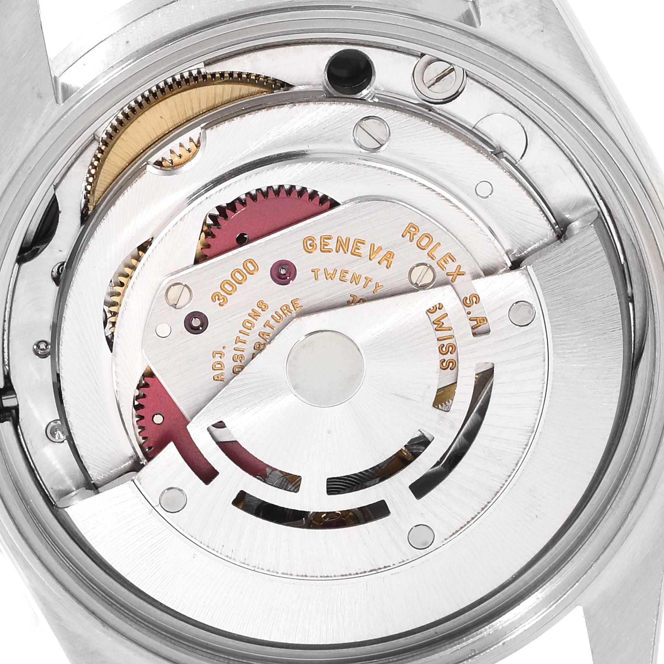 The image shows the internal movement mechanism of a Rolex Air-King 14010 Men's Stainless Steel Black Dial 14010 Men's Stainless Steel Black Dial watch from a rear angle.