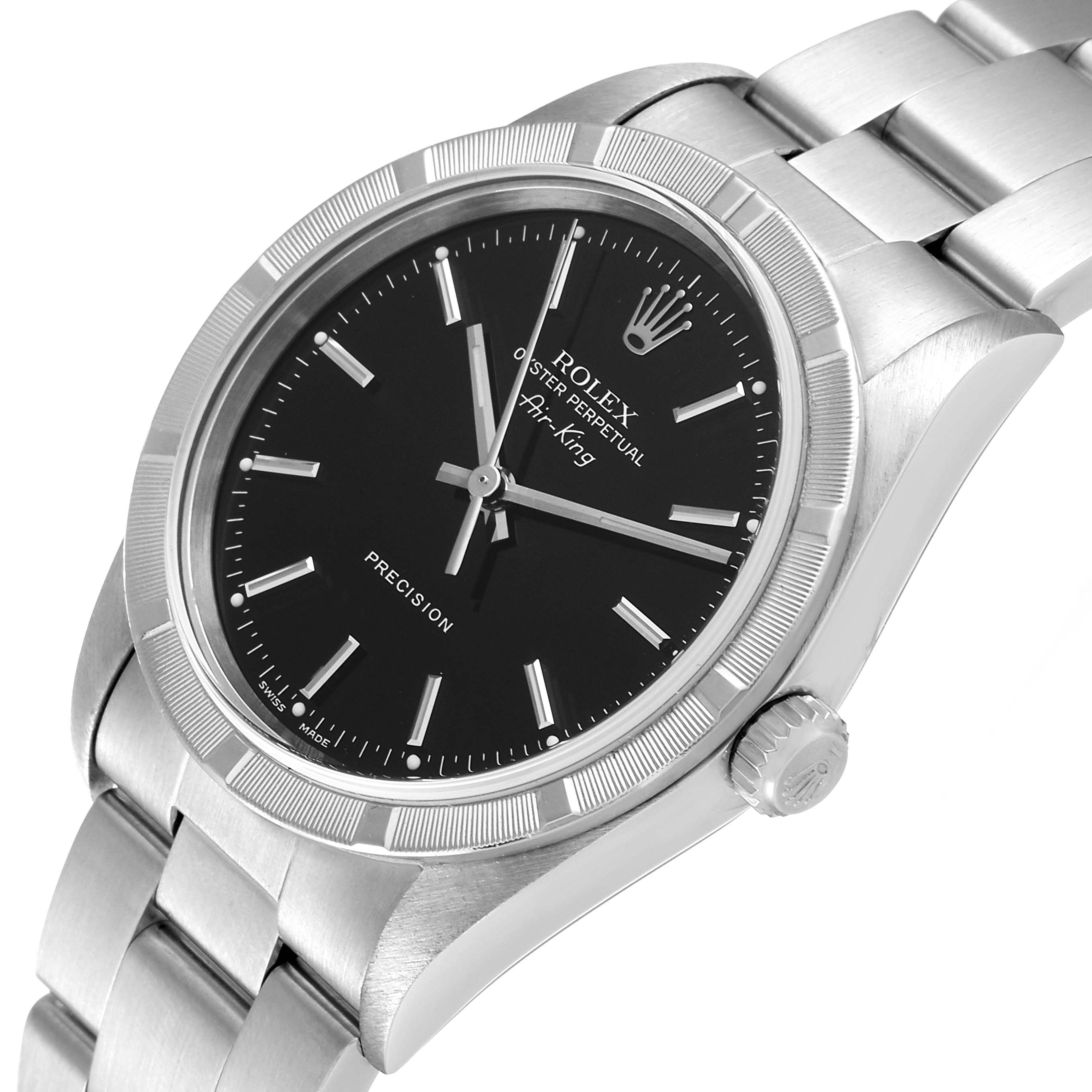 The Rolex Air-King 14010 Men's Stainless Steel Black Dial 14010 Men's Stainless Steel Black Dial watch is shown at an angled view, highlighting the dial, bezel, crown, and part of the bracelet.