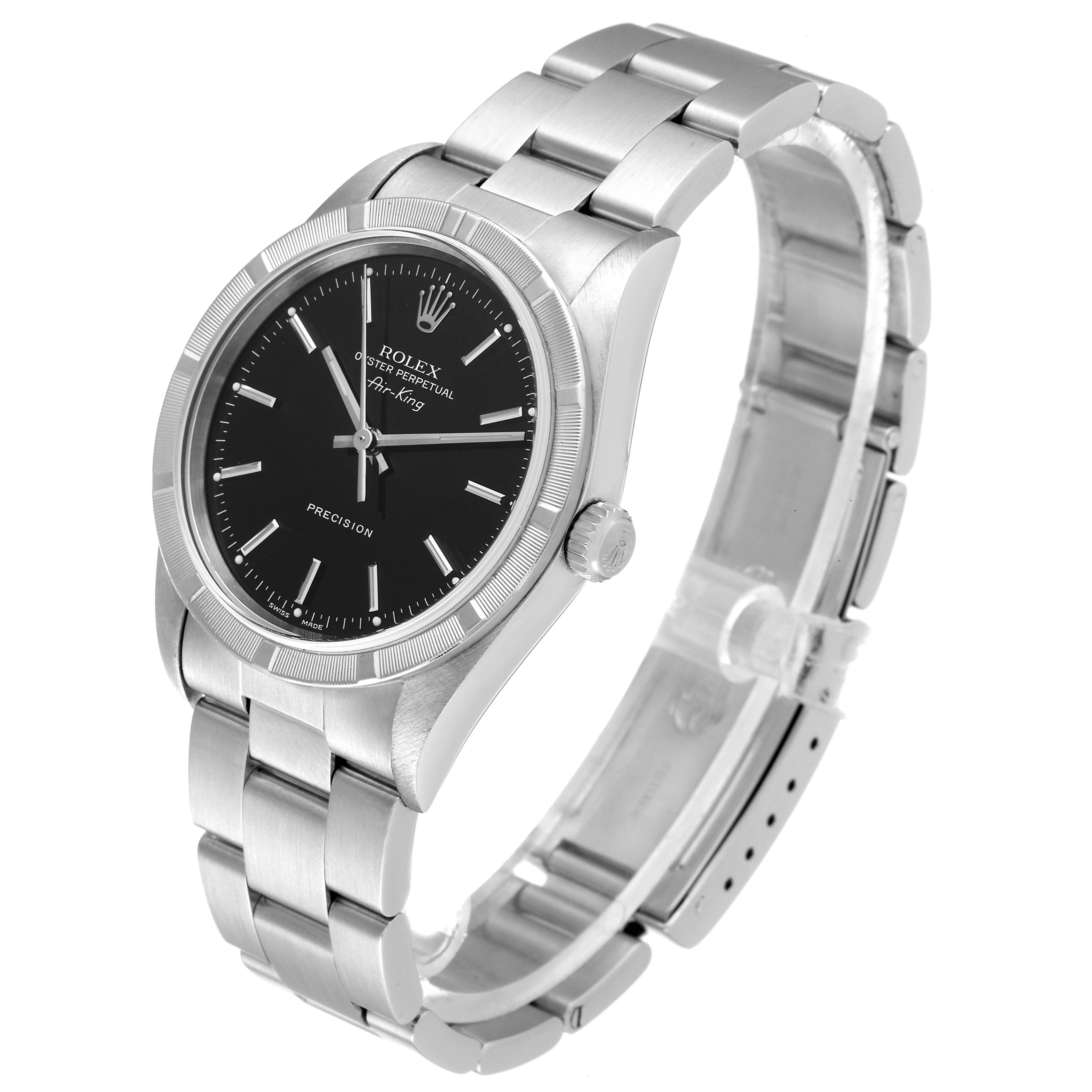 The Rolex Air-King 14010 Men's Stainless Steel Black Dial 14010 Men's Stainless Steel Black Dial watch is shown at a three-quarter angle, highlighting its face, bezel, crown, and bracelet.