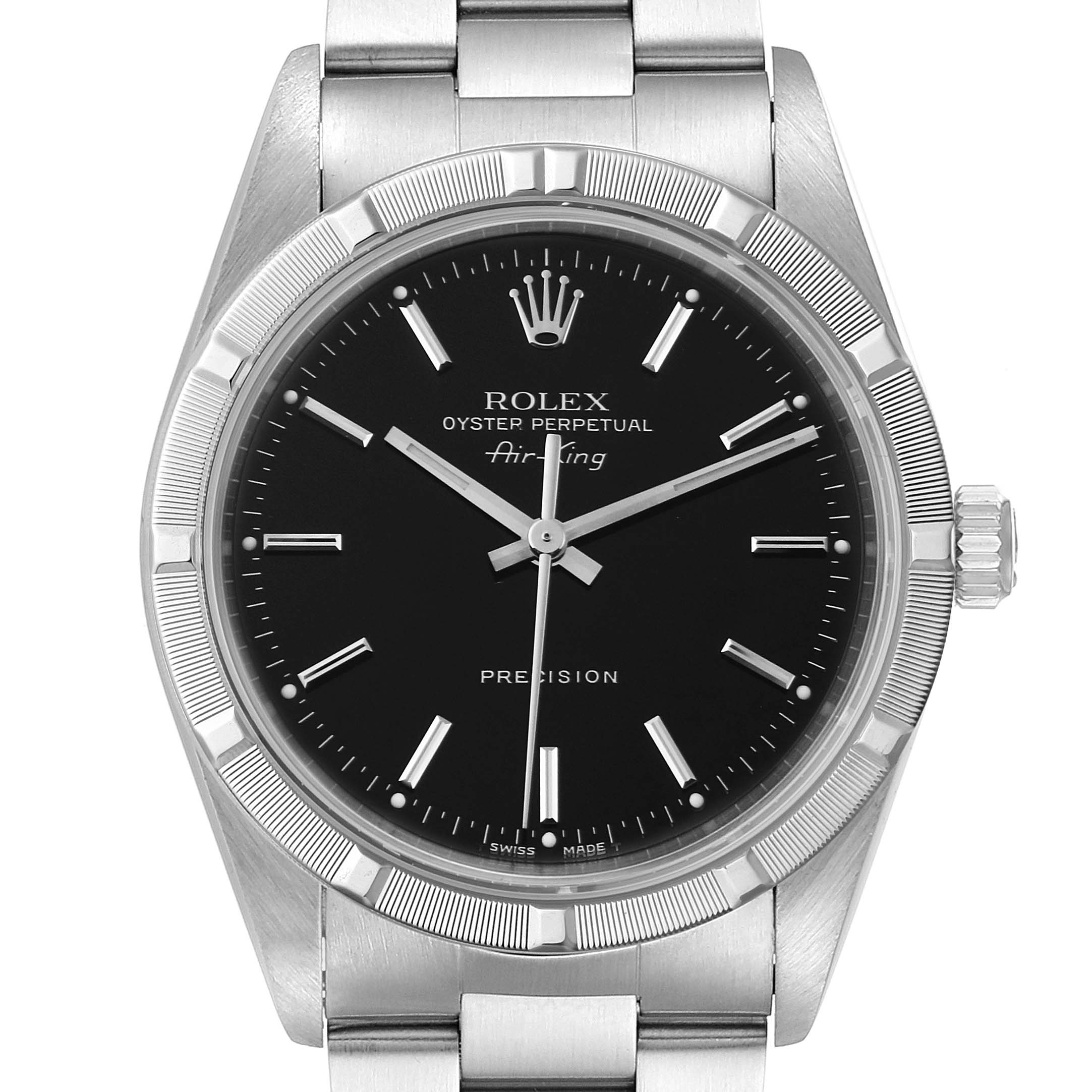 The image shows a frontal view of a Rolex Air-King 14010 Men's Stainless Steel Black Dial 14010 Men's Stainless Steel Black Dial watch, highlighting the dial, bezel, and part of the metal bracelet.