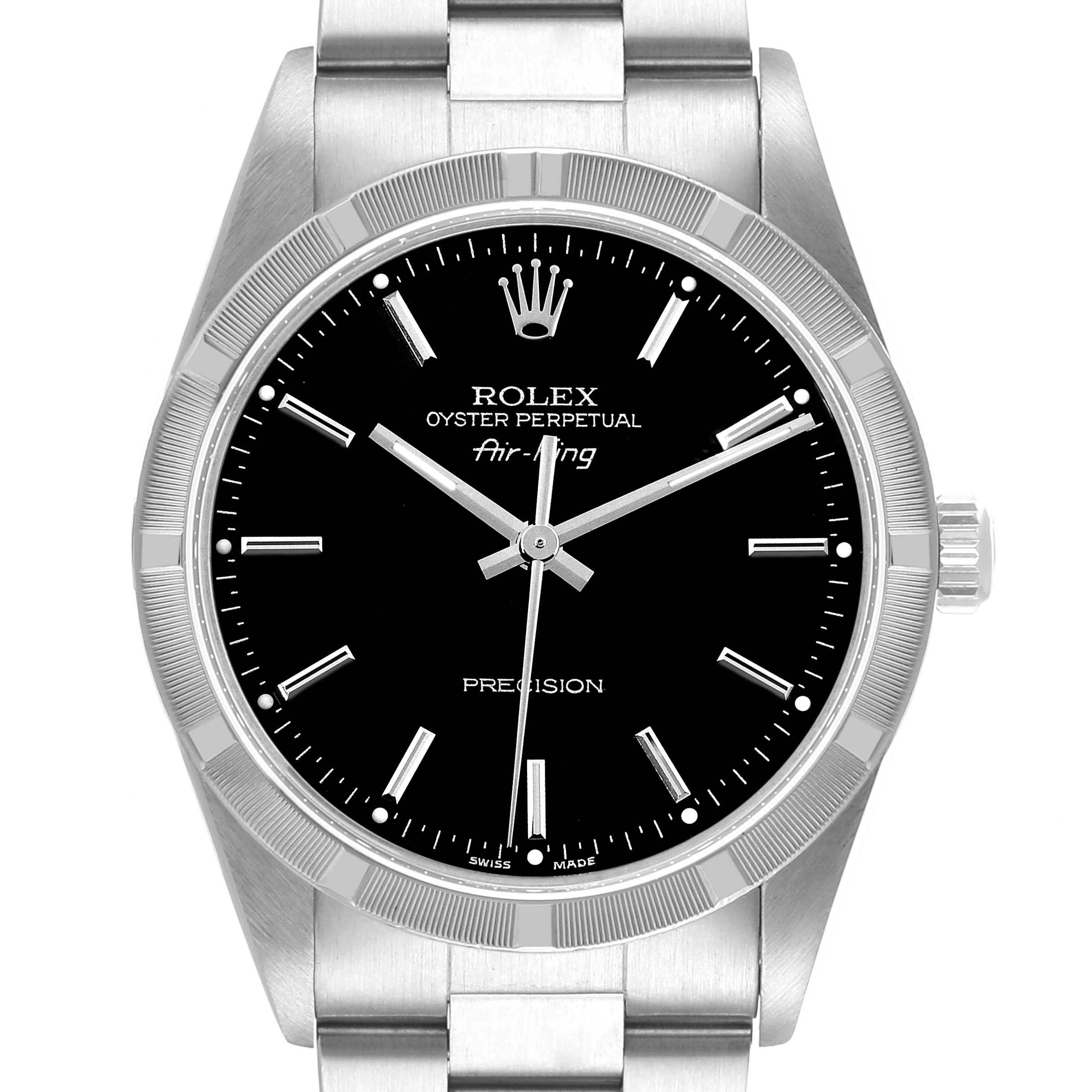 This image shows a front view of the Rolex Air-King 14010 Men's Stainless Steel Black Dial 14010 Men's Stainless Steel Black Dial watch displaying its black dial and silver bracelet.