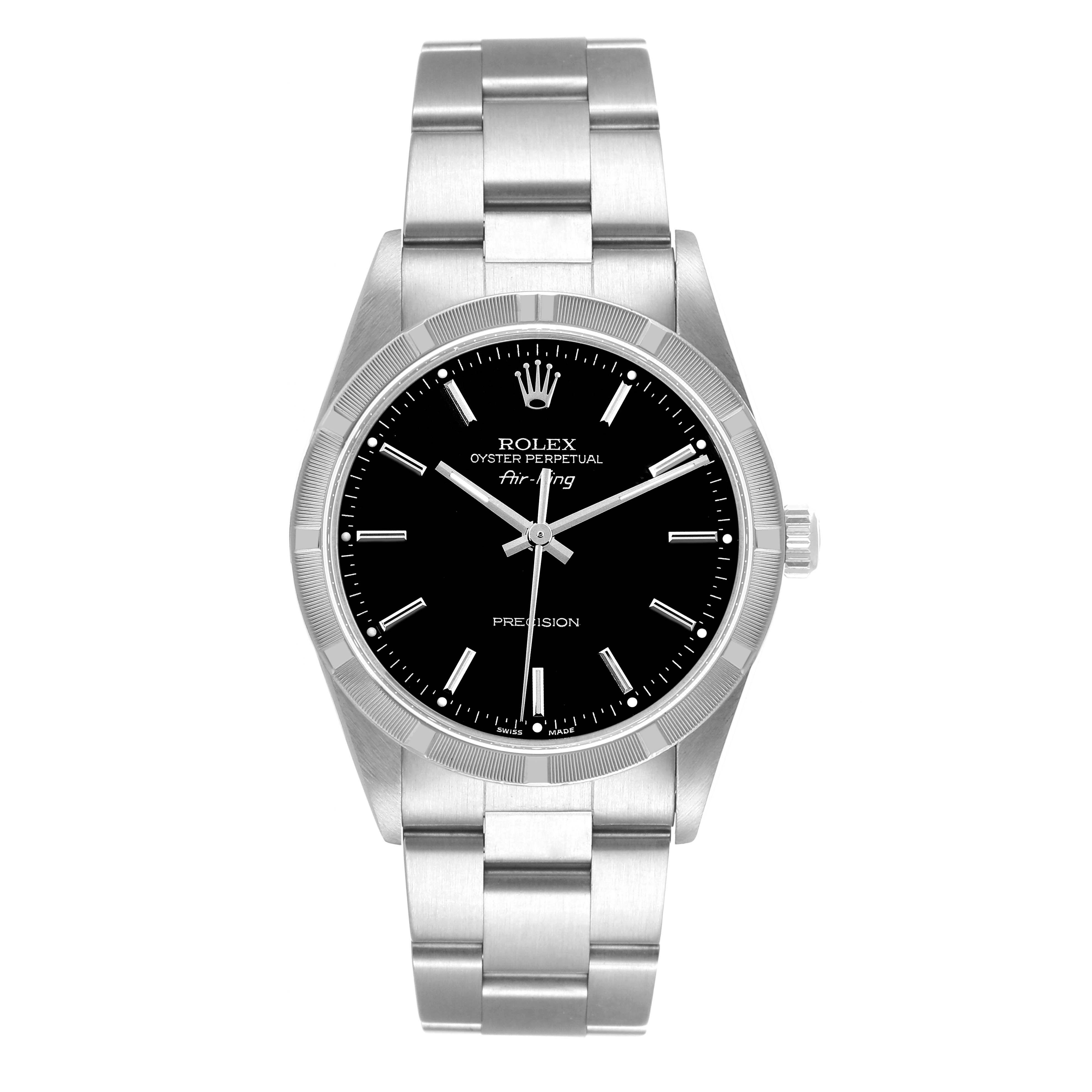 The image shows a front view of a Rolex Air-King 14010 Men's Stainless Steel Black Dial 14010 Men's Stainless Steel Black Dial watch, displaying its dial, bezel, and bracelet.