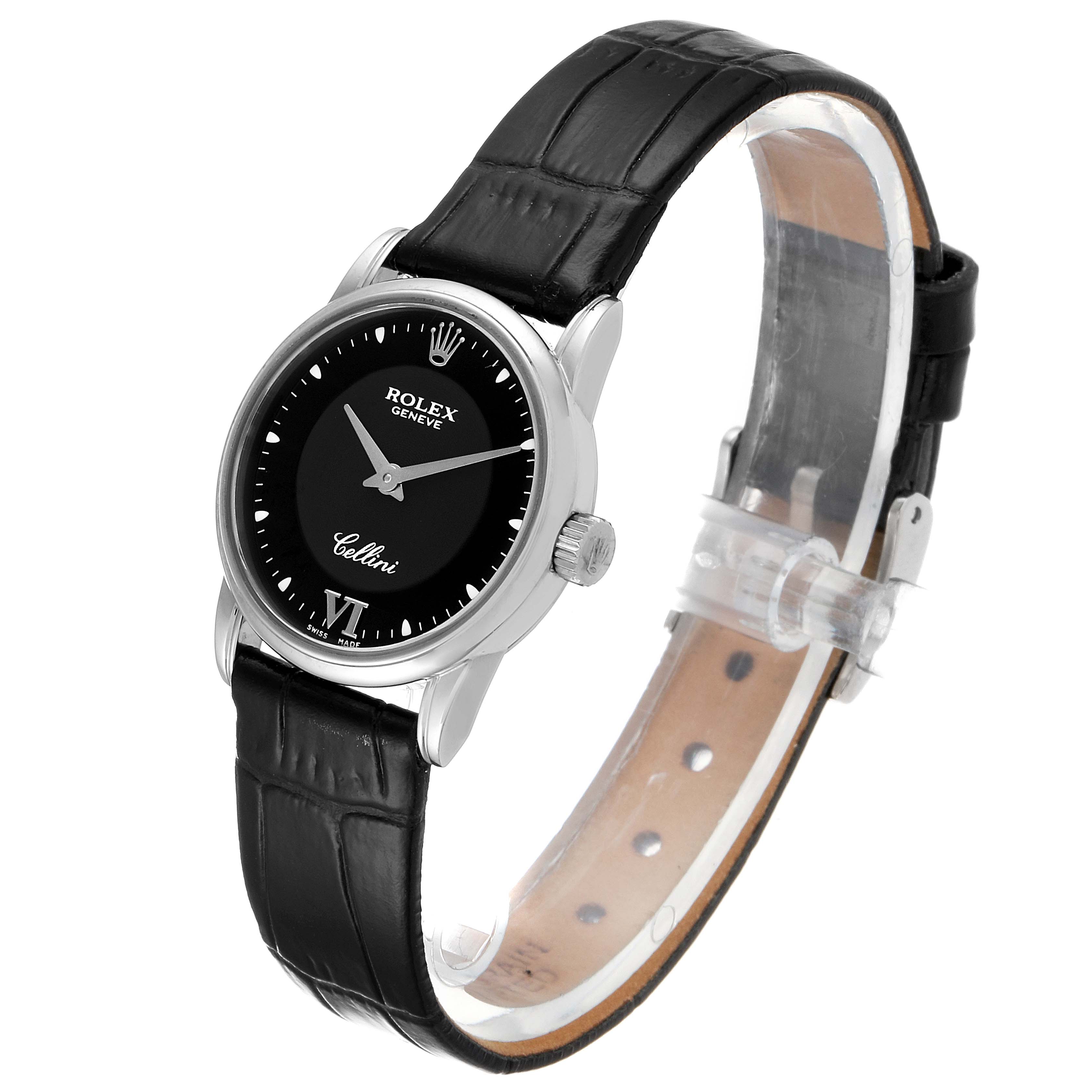 The image shows a Rolex Cellini 6111 Women's White Gold Black Dial 6111 Women's White Gold Black Dial watch at a slight angle, displaying its black dial, silver hands, and black leather strap.