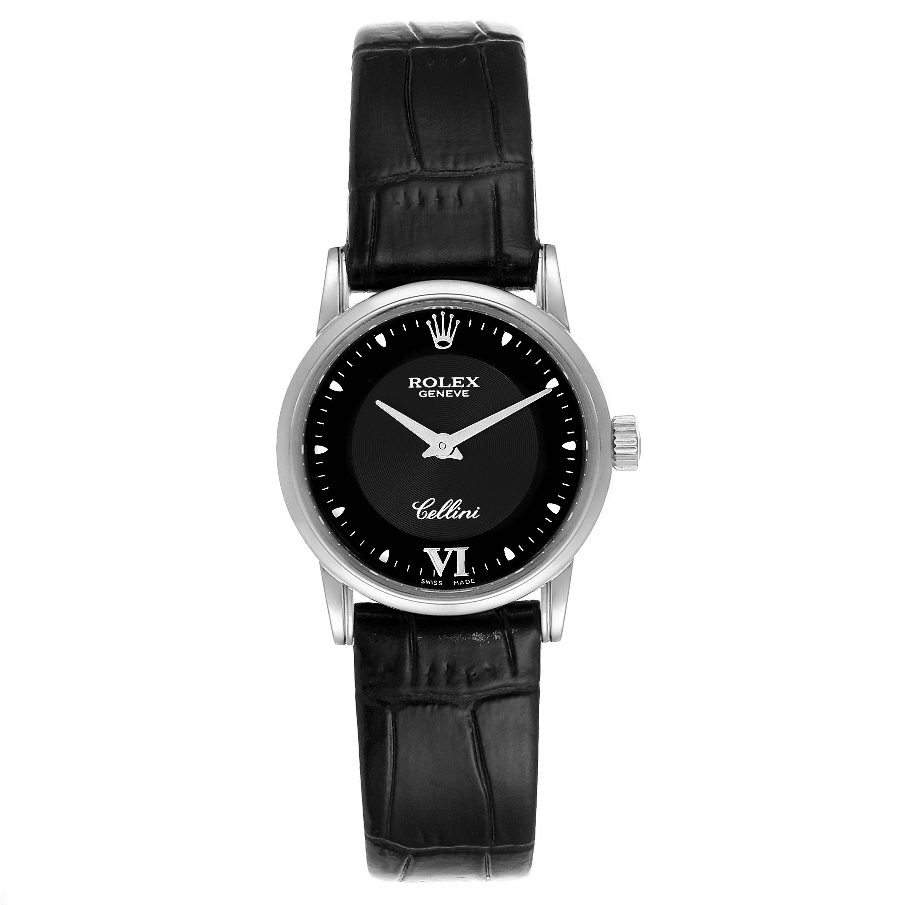 This image shows a front view of a Rolex Cellini 6111 Women's White Gold Black Dial 6111 Women's White Gold Black Dial watch, highlighting the face, case, and band.