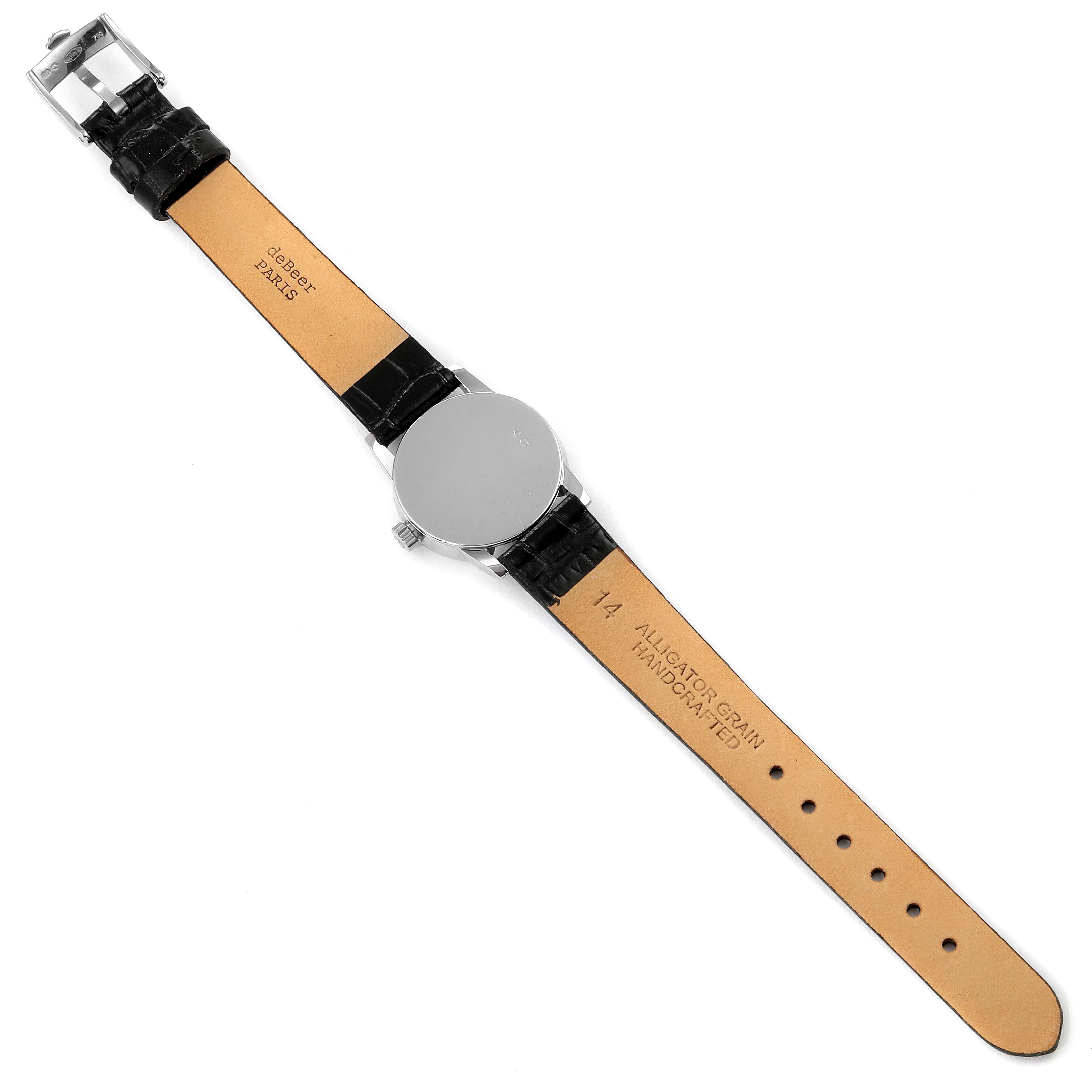 The image shows the back view of a Rolex Cellini 6111 Women's White Gold Black Dial 6111 Women's White Gold Black Dial watch with its alligator grain leather strap fully extended.