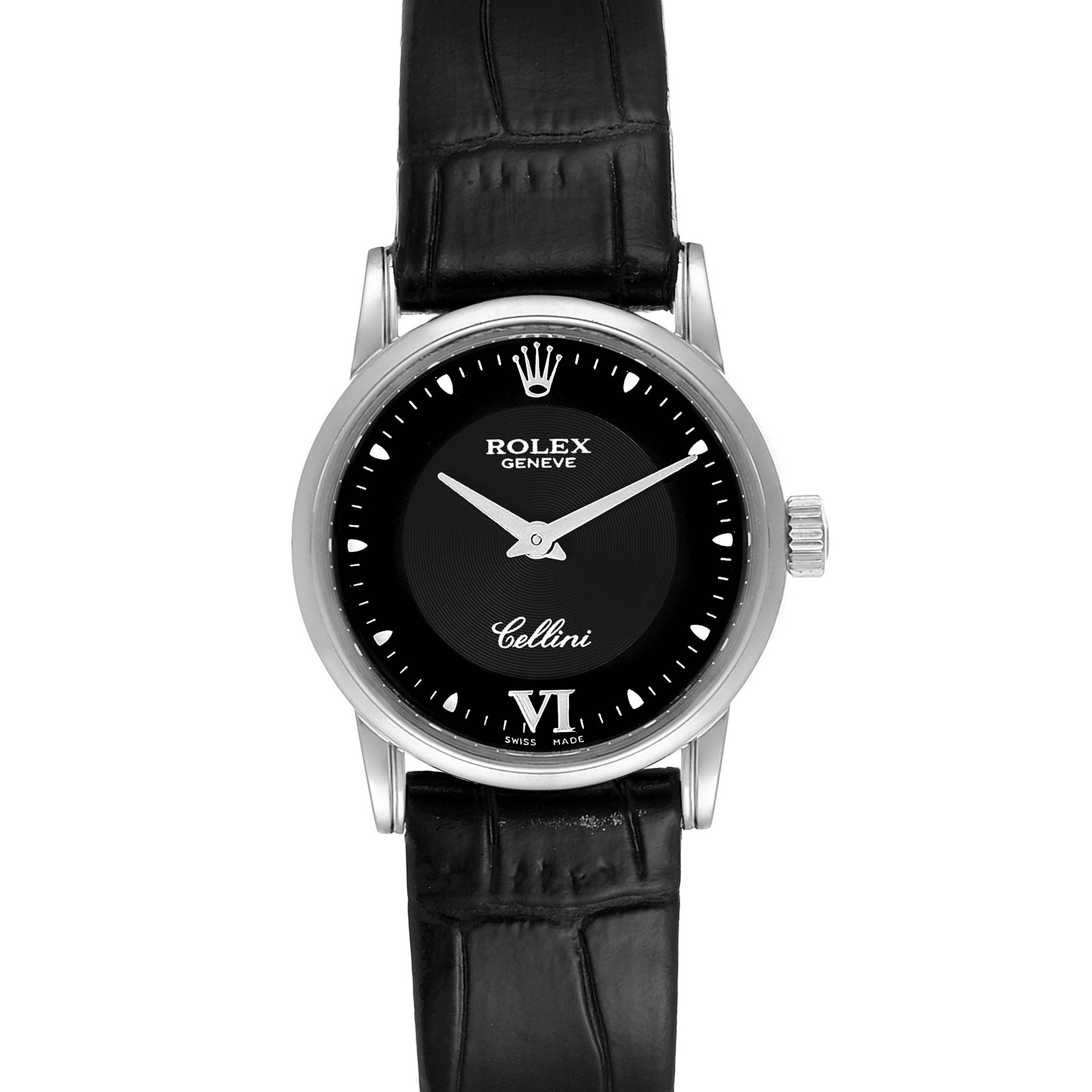 The image shows a front view of a Rolex Cellini 6111 Women's White Gold Black Dial 6111 Women's White Gold Black Dial watch featuring a black dial, silver hands, and a black leather strap.
