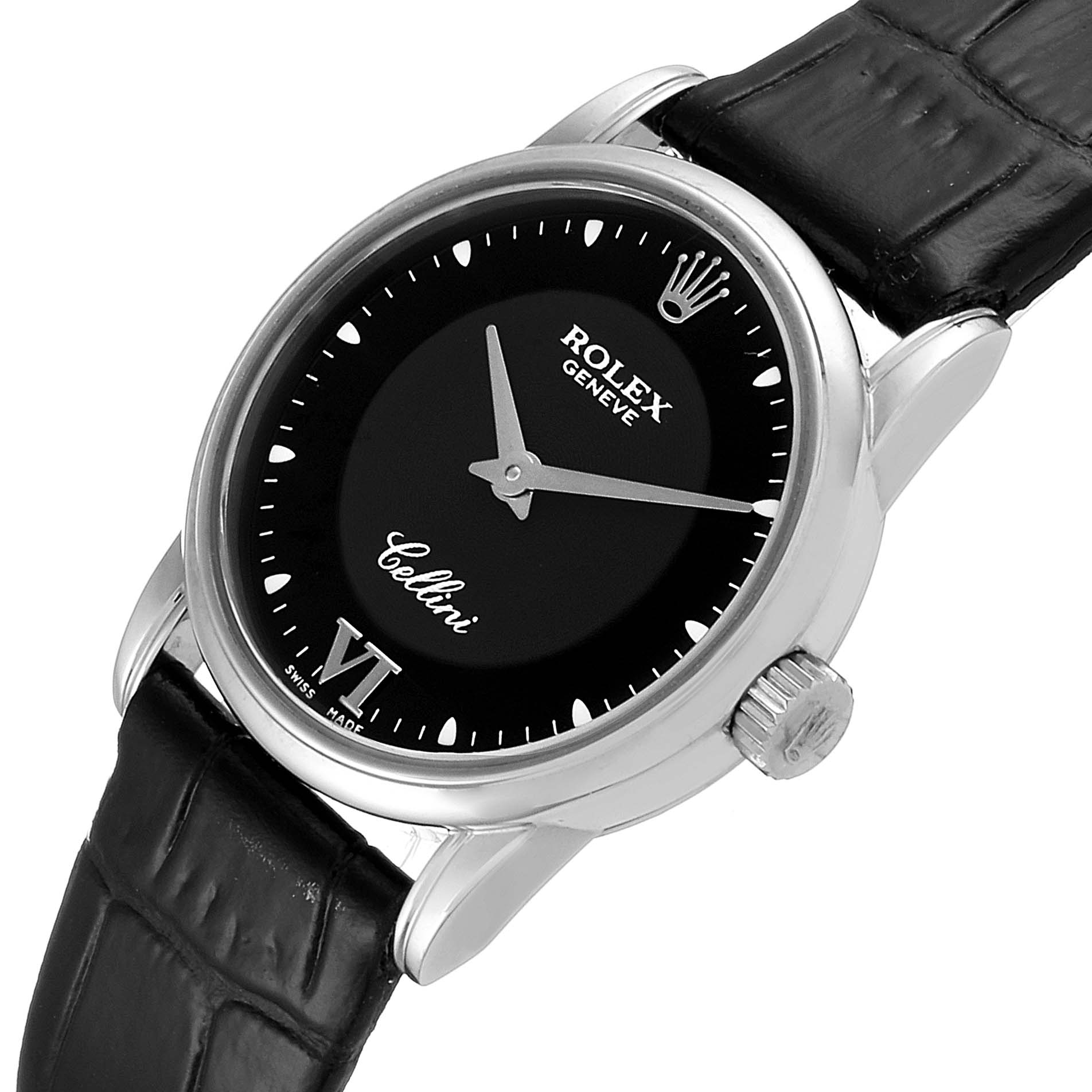 The image shows a Rolex Cellini 6111 Women's White Gold Black Dial 6111 Women's White Gold Black Dial watch at an angled view, displaying the dial, crown, and part of the leather strap.