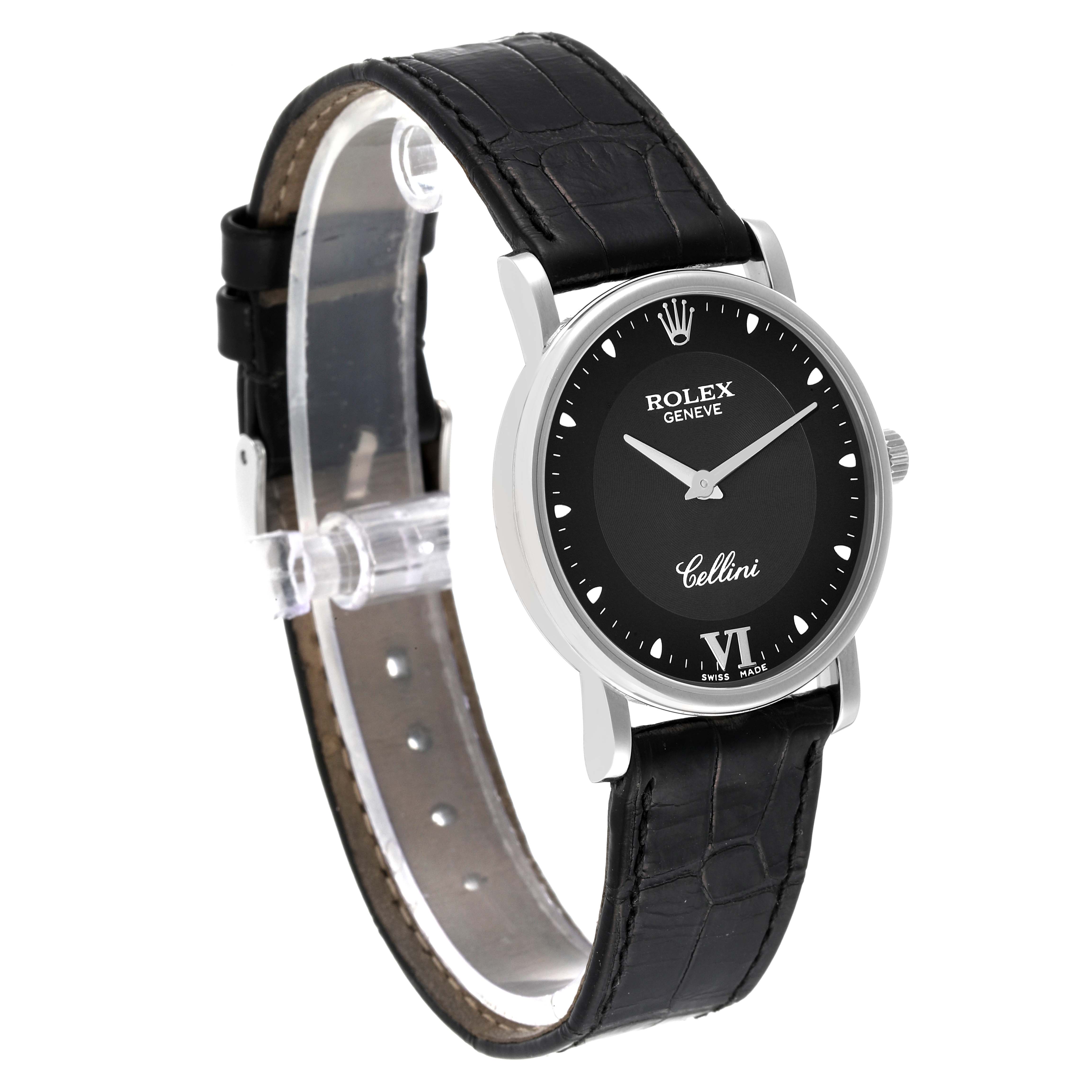This image shows a Rolex Cellini 5115 Men's White Gold Black Dial 5115 Men's White Gold Black Dial watch at a slight angle, displaying its black dial, case, and leather strap.