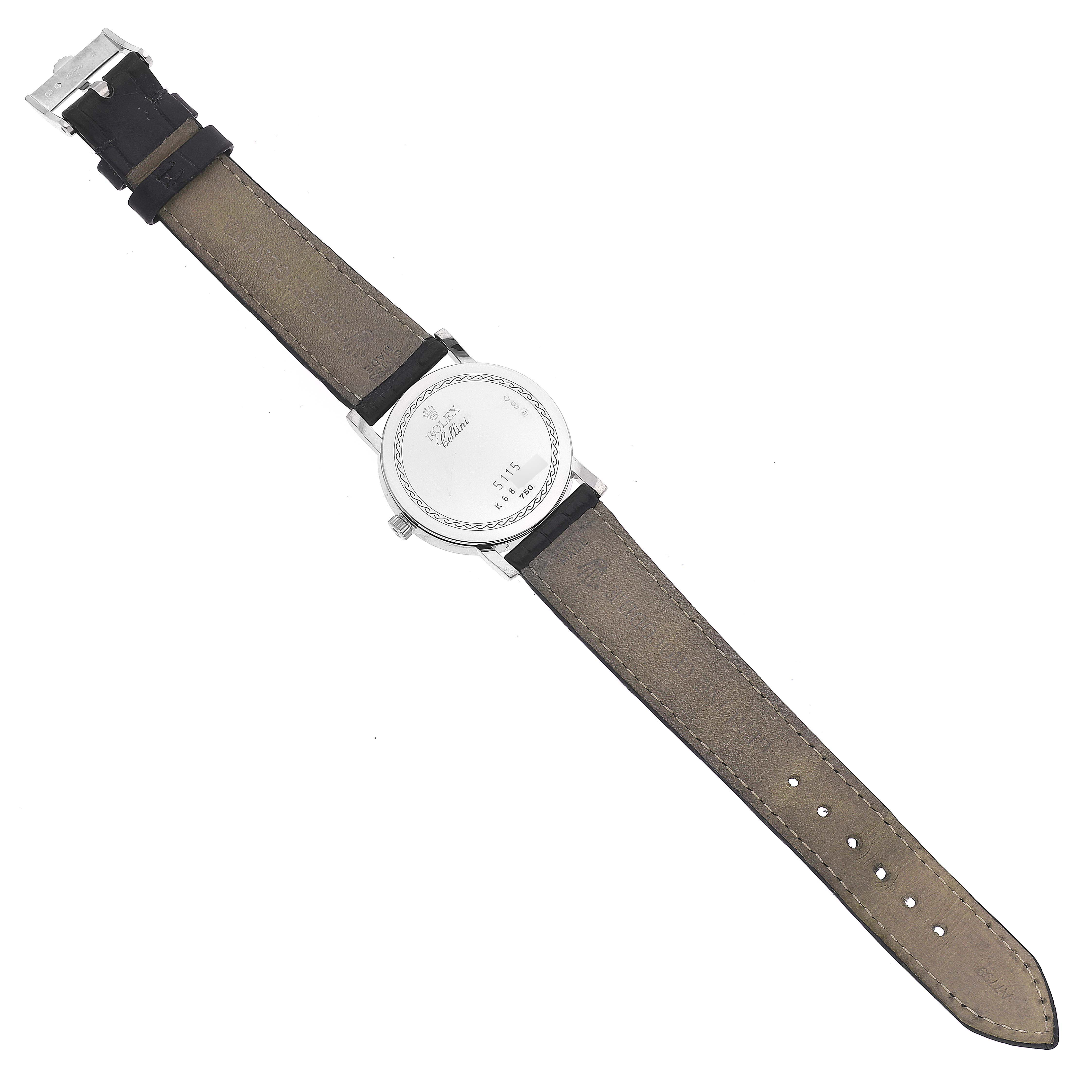 The image shows the back view of a Rolex Cellini 5115 Men's White Gold Black Dial 5115 Men's White Gold Black Dial watch, including the case back, strap, and buckle.
