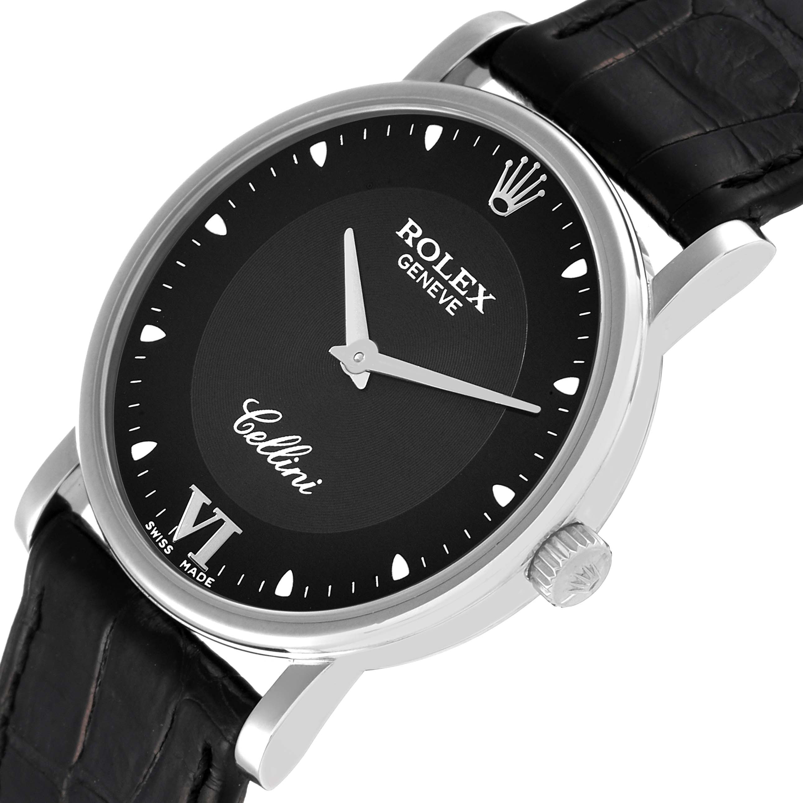 The Rolex Cellini 5115 Men's White Gold Black Dial 5115 Men's White Gold Black Dial watch is shown at an oblique angle, highlighting its black dial, silver hands, crown, and leather strap.