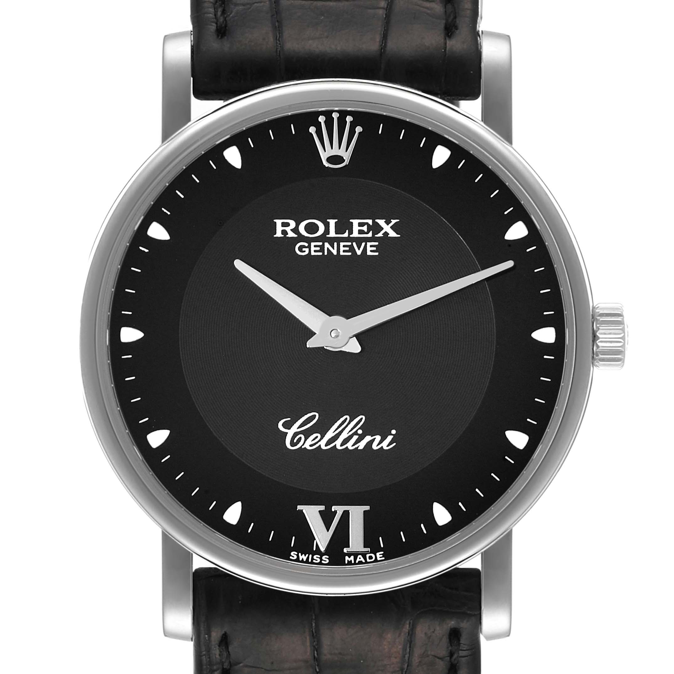 The Rolex Cellini 5115 Men's White Gold Black Dial 5115 Men's White Gold Black Dial watch is shown from a front view, highlighting its black dial, silver hands, and black leather strap.