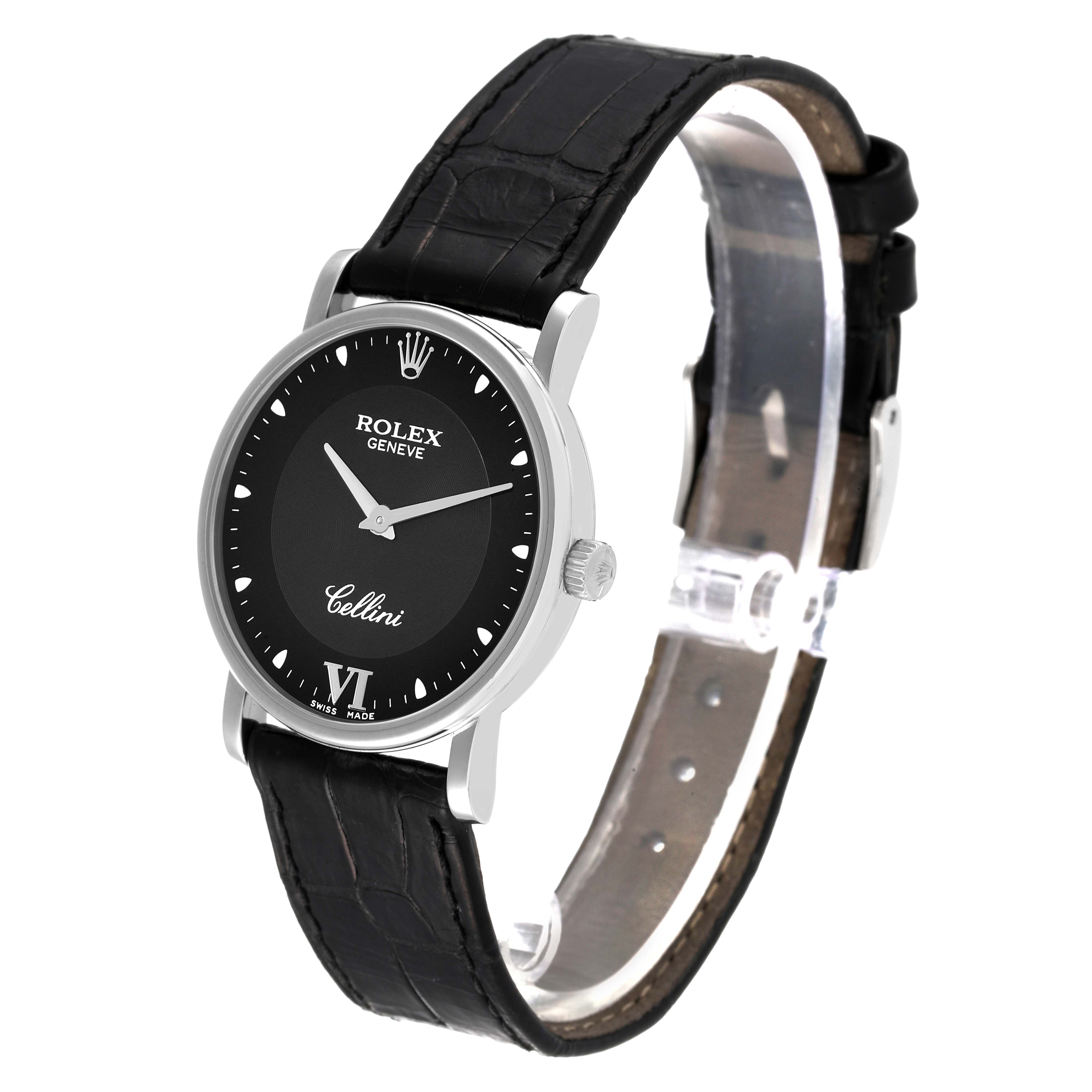 The image shows a side view of the Rolex Cellini 5115 Men's White Gold Black Dial 5115 Men's White Gold Black Dial watch, highlighting its face, strap, and case.