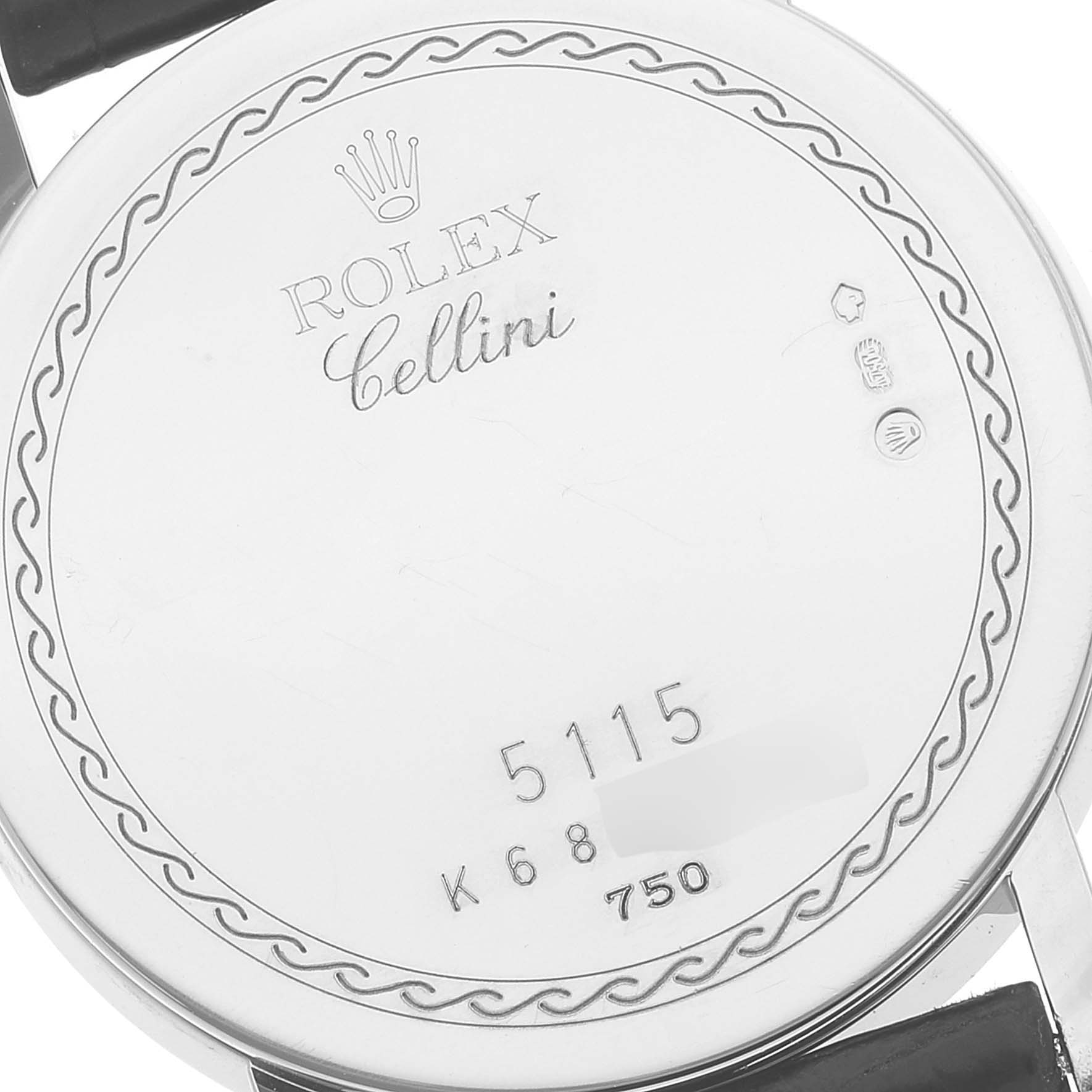 This image shows the back casing of a Rolex Cellini 5115 Men's White Gold Black Dial 5115 Men's White Gold Black Dial watch, displaying engraved details and the model number 5115.