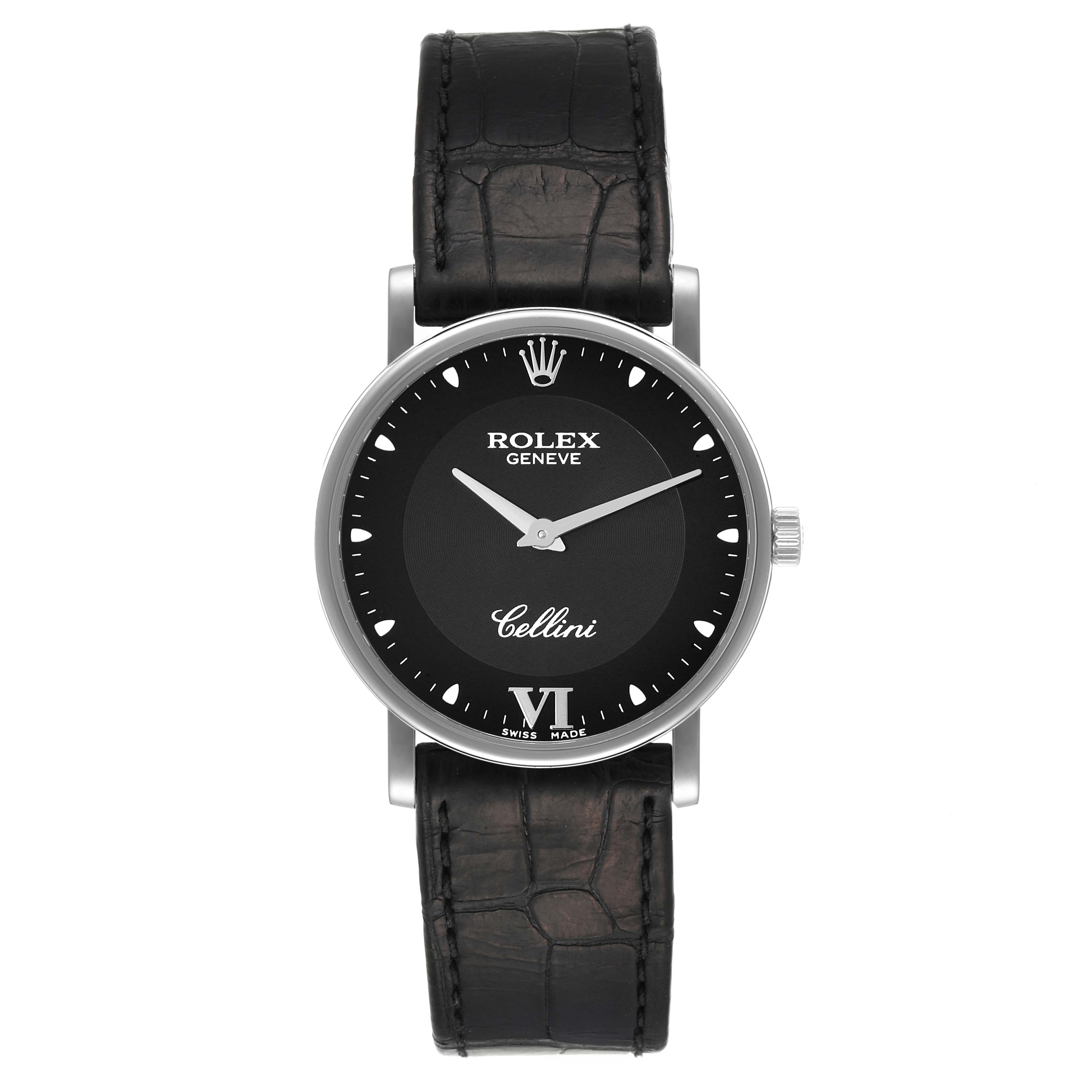 The image shows a frontal view of a Rolex Cellini 5115 Men's White Gold Black Dial 5115 Men's White Gold Black Dial watch, highlighting its black dial, leather strap, and crown.