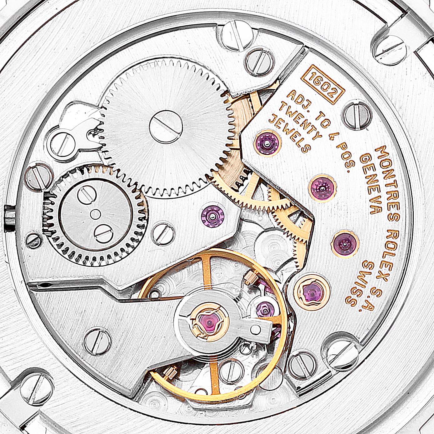 This image shows the intricate internal gear mechanism of the Rolex Cellini 5115 Men's White Gold Silver Dial 5115 Men's White Gold Silver Dial watch, viewed from the back cover.