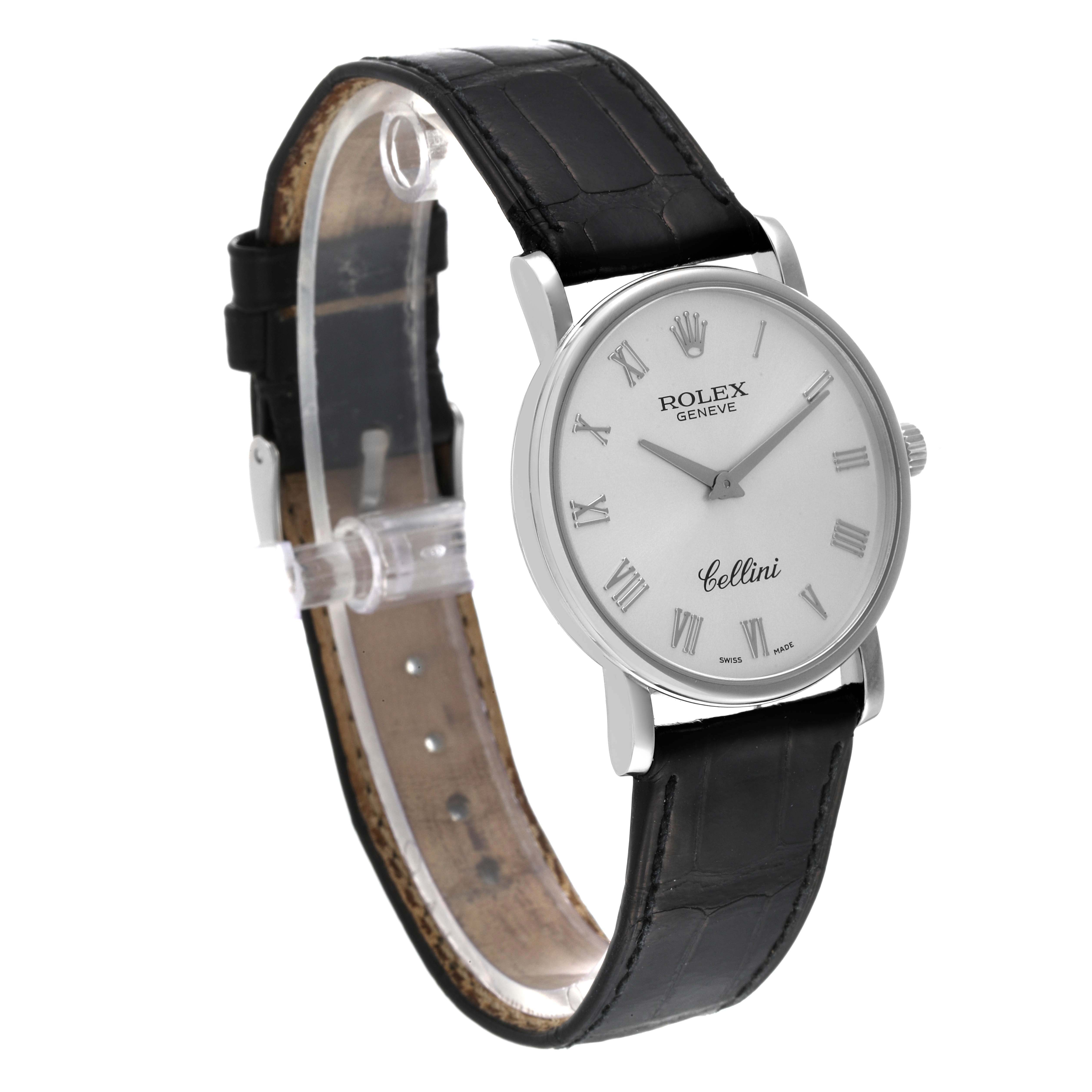 The Rolex Cellini 5115 Men's White Gold Silver Dial 5115 Men's White Gold Silver Dial watch is shown at a slight angle, displaying its face, leather strap, and side profile.