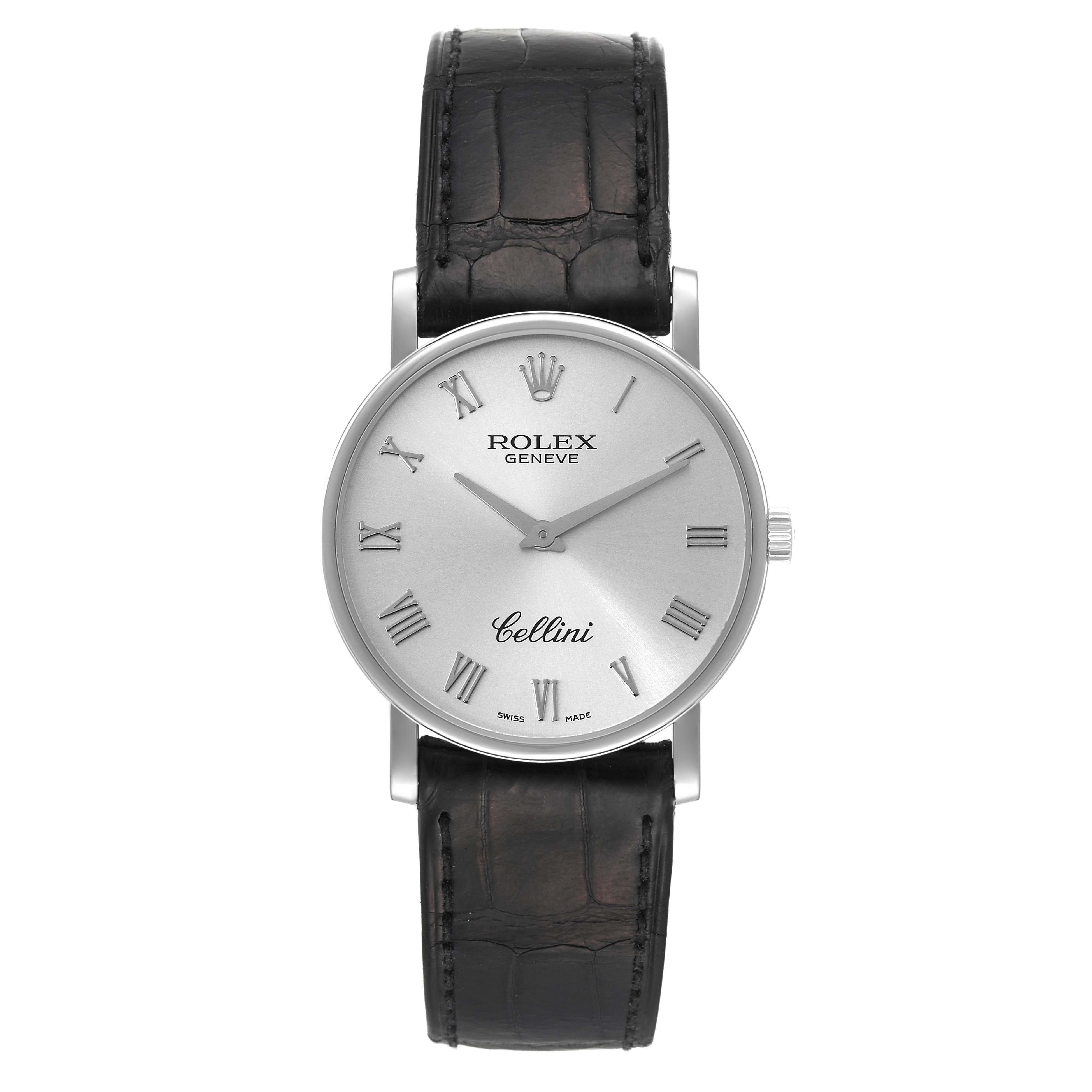 The image shows a front view of a Rolex Cellini 5115 Men's White Gold Silver Dial 5115 Men's White Gold Silver Dial watch with a silver dial and black leather strap.
