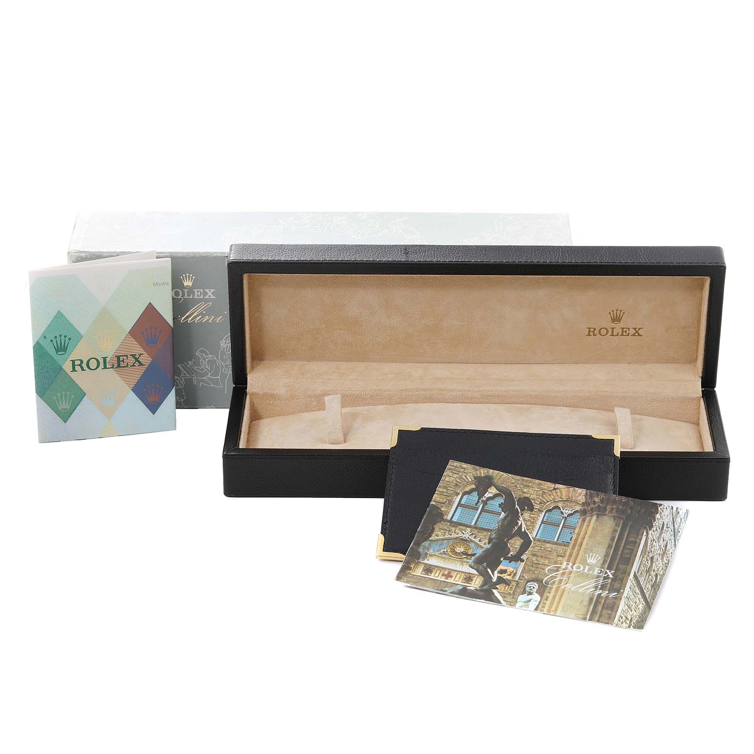 This image shows the packaging and accessories for a Rolex Cellini 5115 Men's White Gold Silver Dial 5115 Men's White Gold Silver Dial watch, including the watch box and booklets.