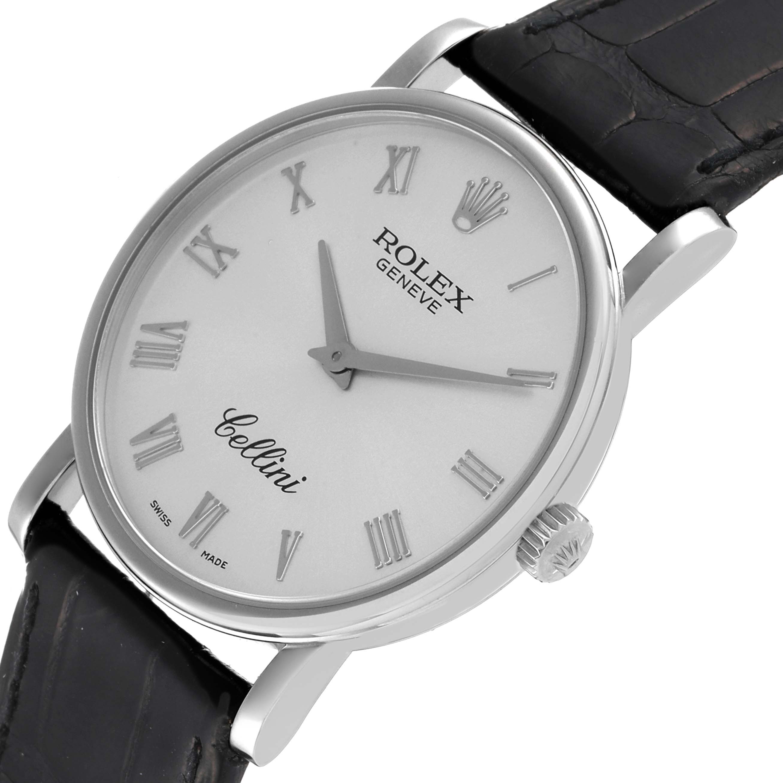 This image shows a close-up view of the Rolex Cellini 5115 Men's White Gold Silver Dial 5115 Men's White Gold Silver Dial watch face and part of the black leather strap.