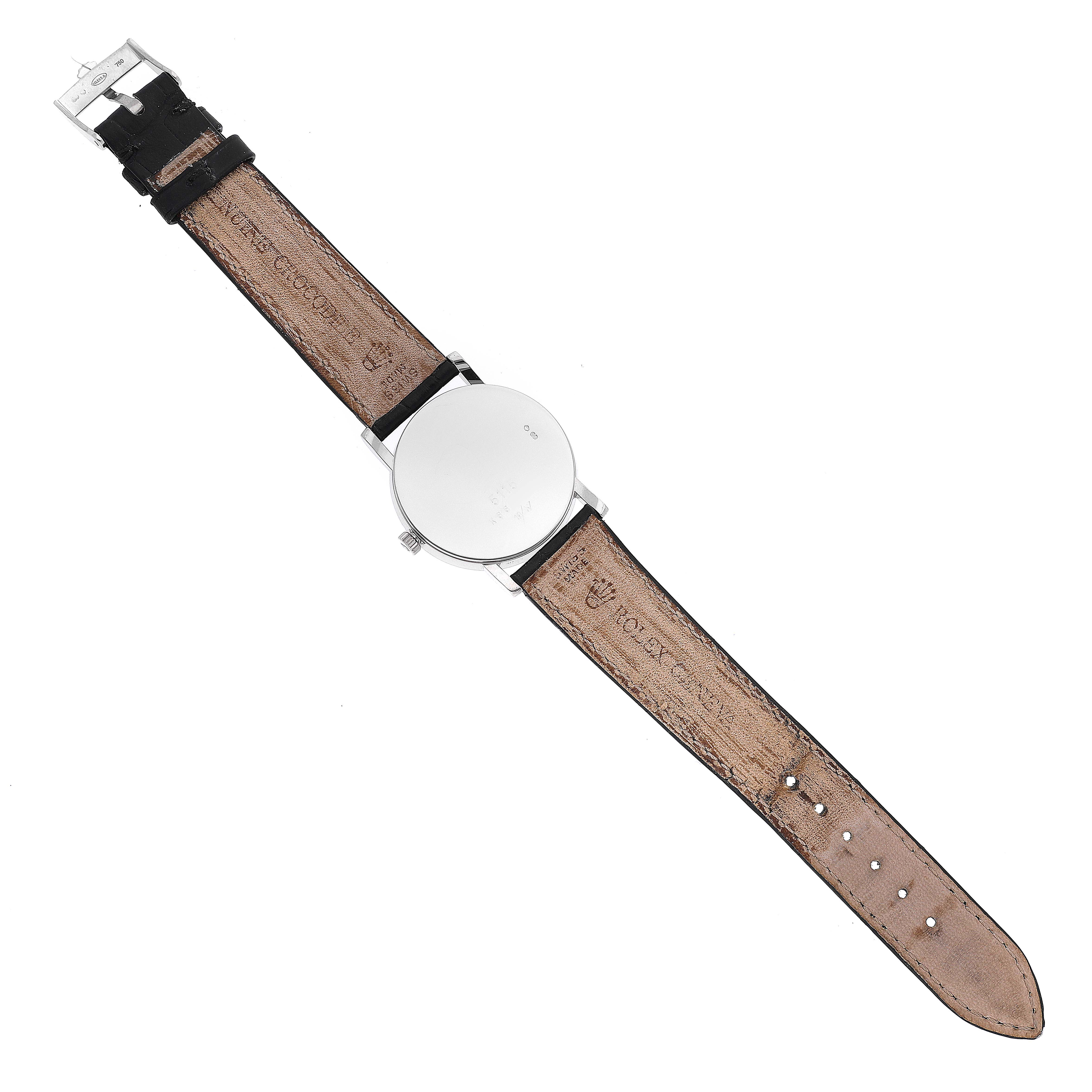 The image shows the back of a Rolex Cellini 5115 Men's White Gold Silver Dial 5115 Men's White Gold Silver Dial watch, including the case back and leather strap with buckle.