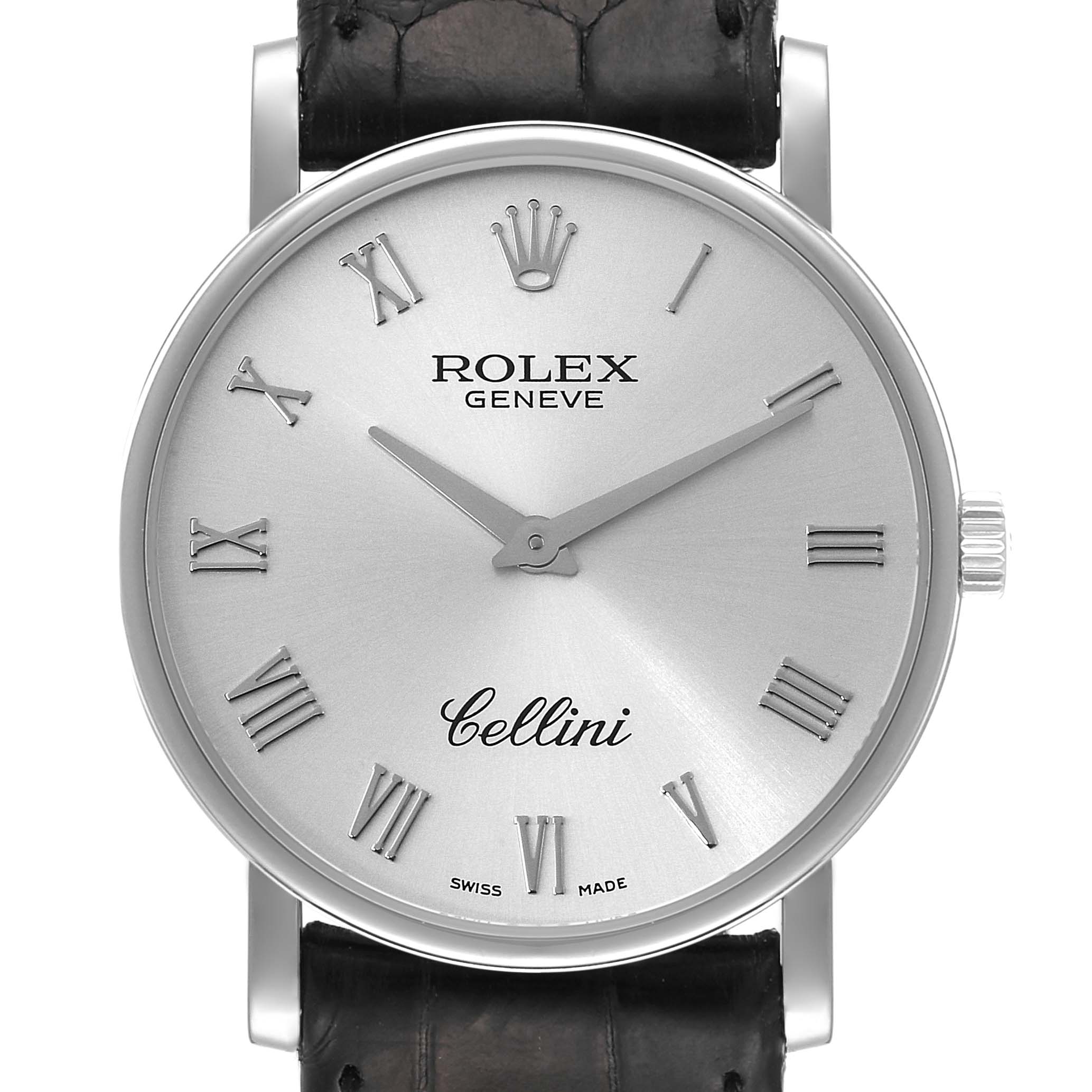 This image shows a close-up front view of the dial of a Rolex Cellini 5115 Men's White Gold Silver Dial 5115 Men's White Gold Silver Dial watch, highlighting the Roman numerals and brand details.
