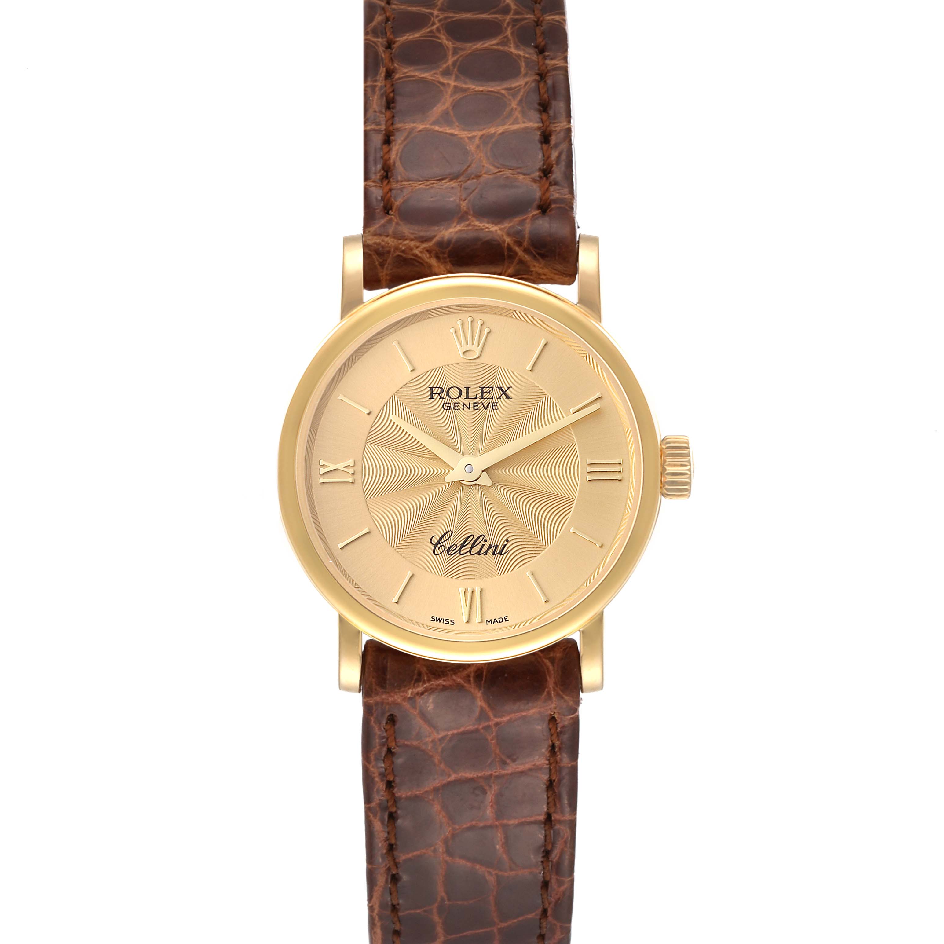 This image shows a front view of a Rolex Cellini 6110/8 Women's Yellow Gold Champagne Dial 6110/8 Women's Yellow Gold Champagne Dial watch with a gold case and a brown leather strap.