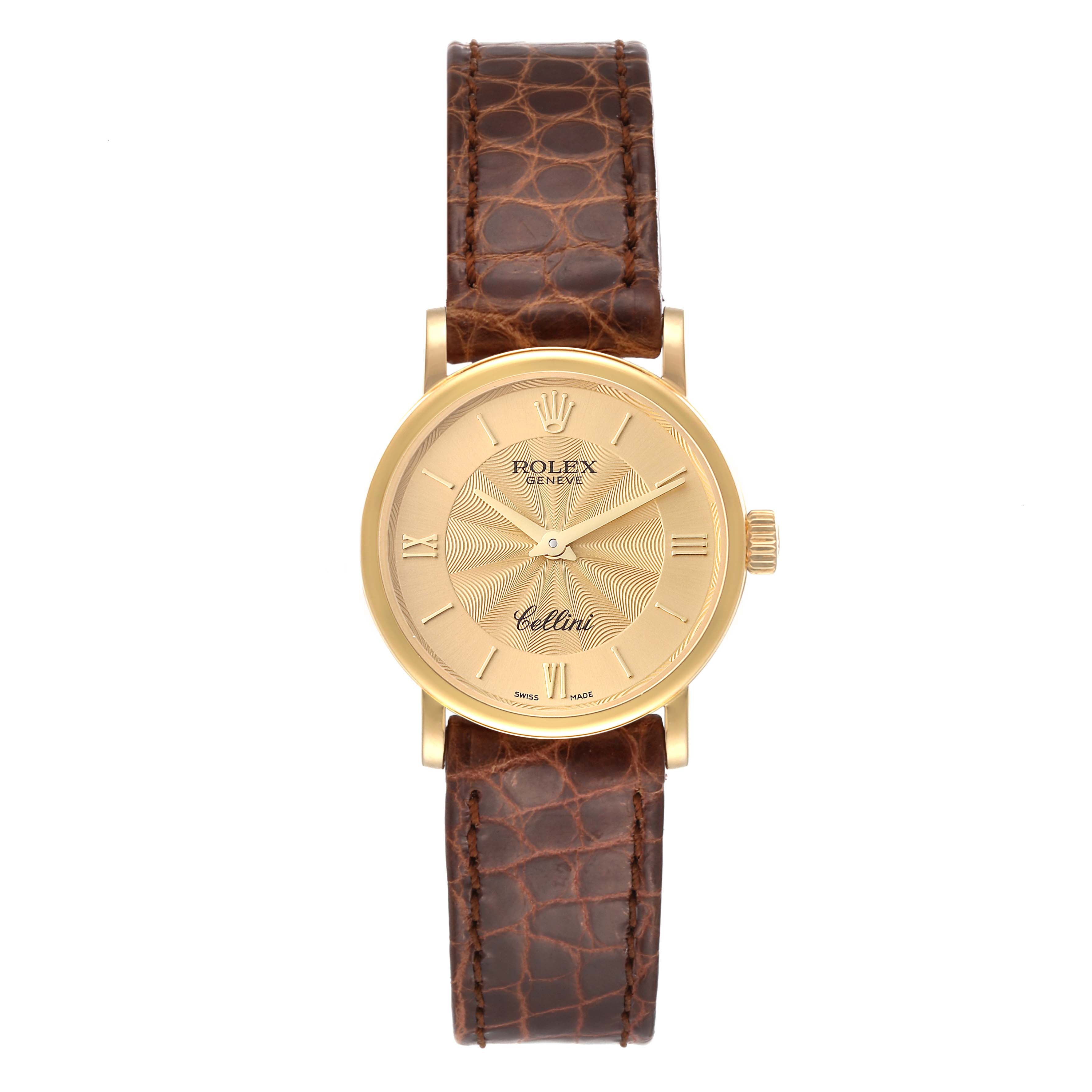 The image shows a front view of a Rolex Cellini 6110/8 Women's Yellow Gold Champagne Dial 6110/8 Women's Yellow Gold Champagne Dial watch with a gold face and a brown leather strap.