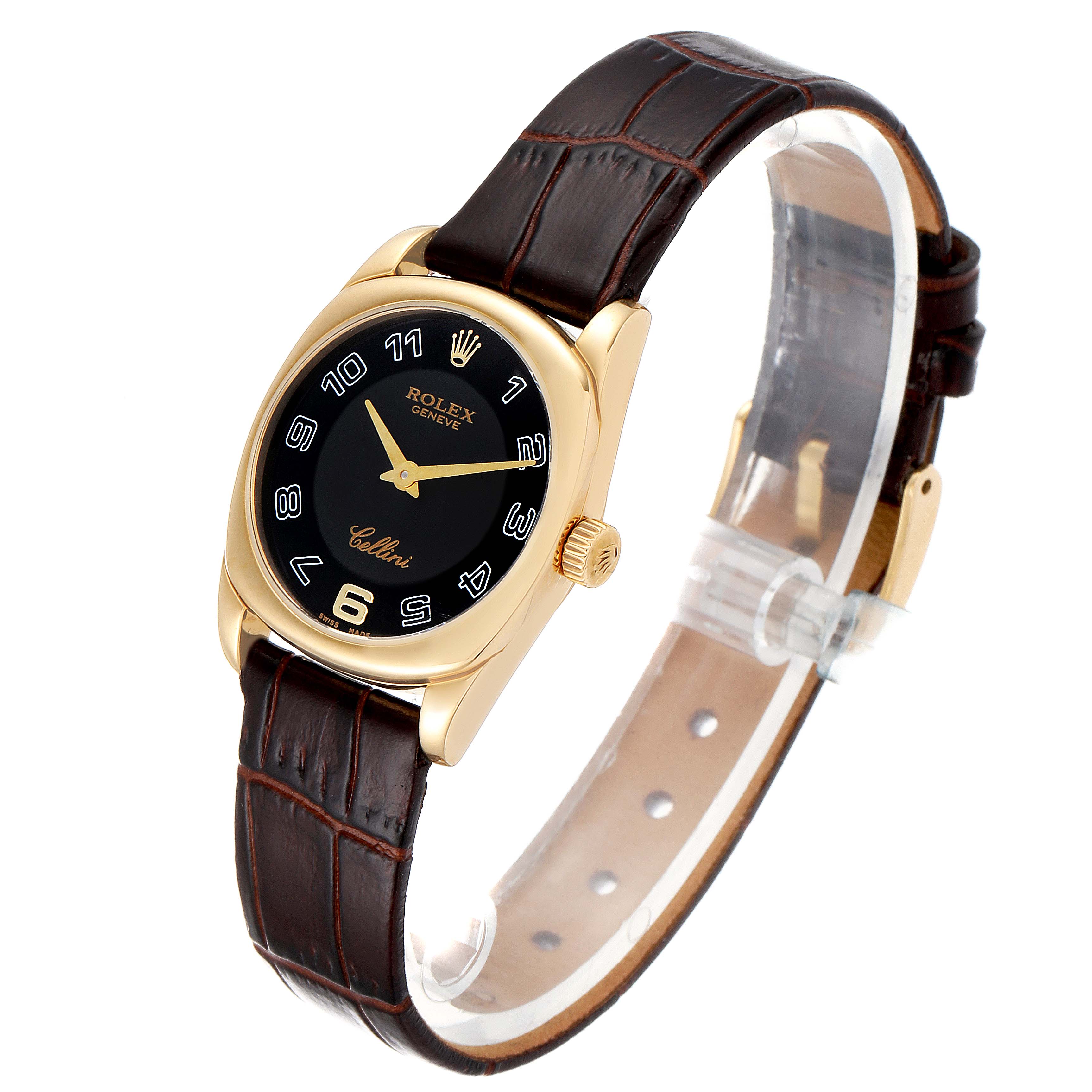 The Rolex Cellini 6229 Women's Yellow Gold Black Dial 6229 Women's Yellow Gold Black Dial watch is displayed at a three-quarter angle, showing the face, crown, and brown leather strap.