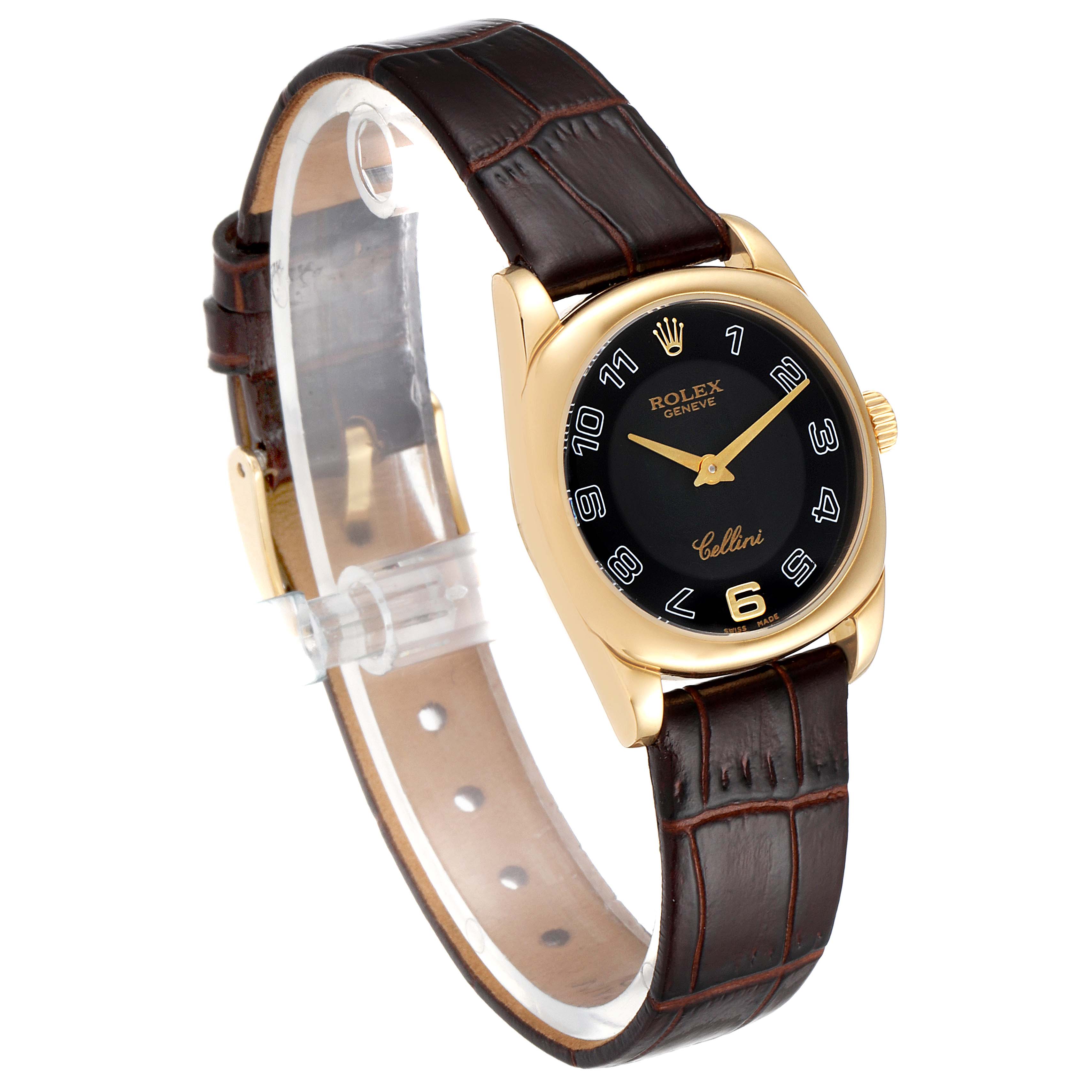 The image shows a side angle of a Rolex Cellini 6229 Women's Yellow Gold Black Dial 6229 Women's Yellow Gold Black Dial watch, highlighting its gold case, black dial, and brown leather strap.