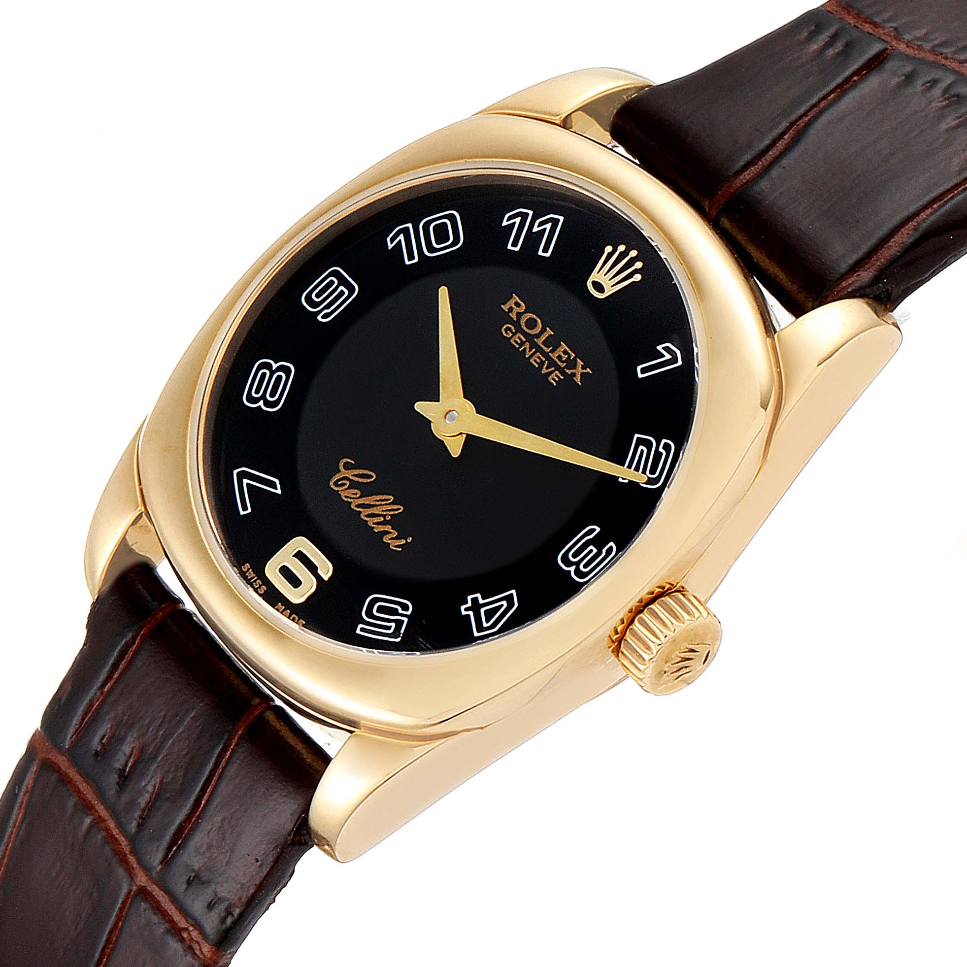 The image shows a Rolex Cellini 6229 Women's Yellow Gold Black Dial 6229 Women's Yellow Gold Black Dial watch at a slight angle, highlighting its face, case, crown, and leather strap.
