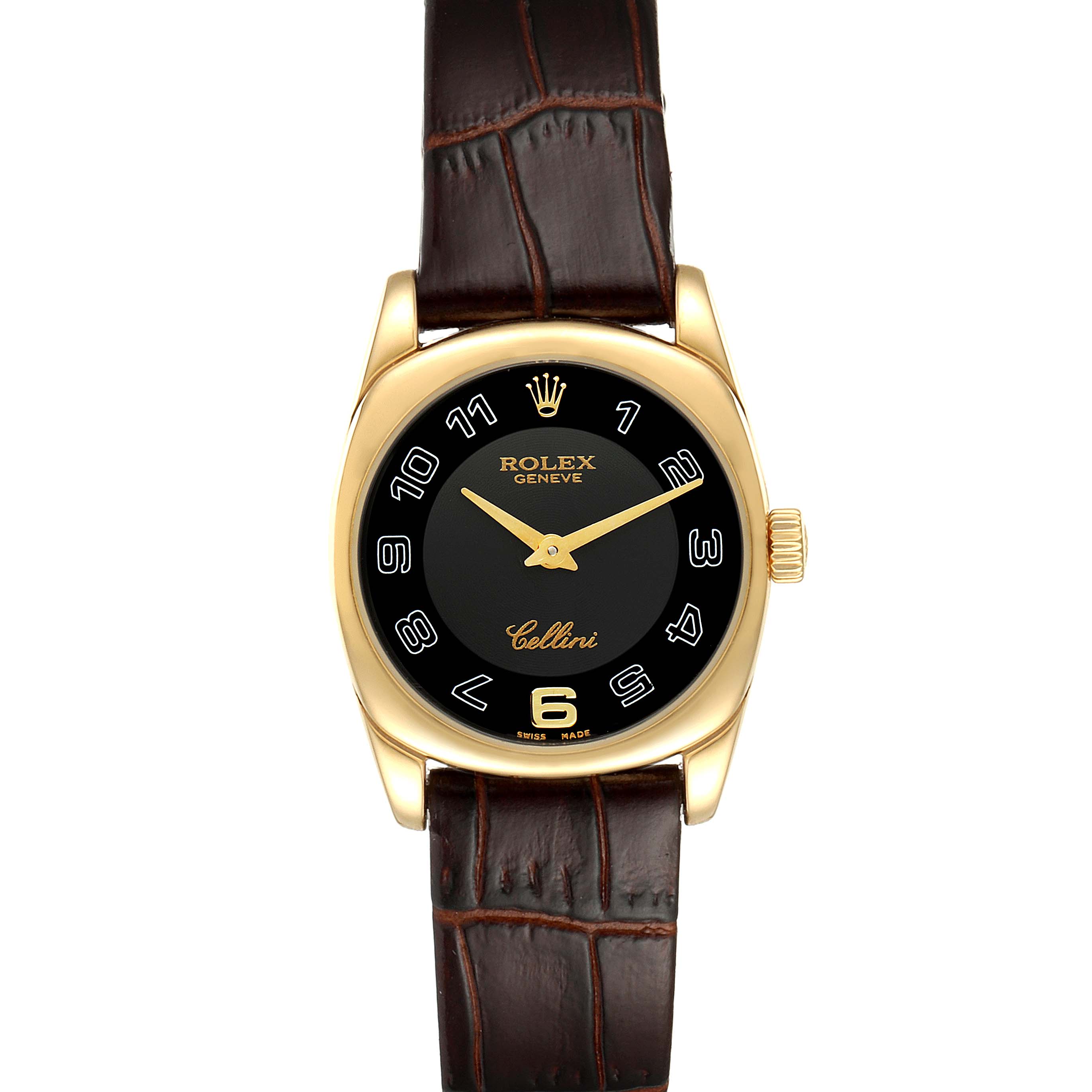 The Rolex Cellini 6229 Women's Yellow Gold Black Dial 6229 Women's Yellow Gold Black Dial watch is shown from a front angle, displaying its black dial, gold case, and brown leather strap.
