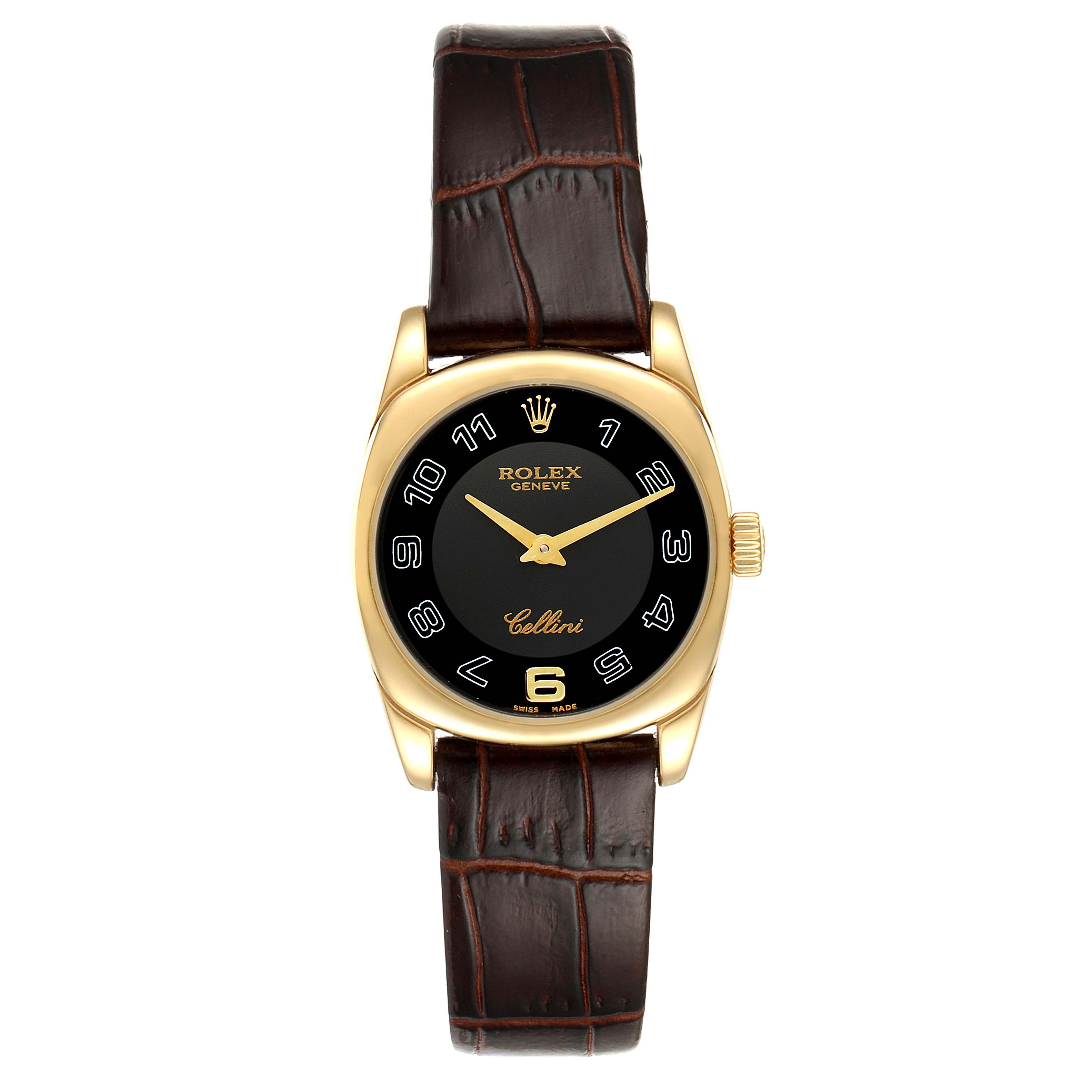 The image shows a front view of the Rolex Cellini 6229 Women's Yellow Gold Black Dial 6229 Women's Yellow Gold Black Dial watch with a gold case, black dial, and brown leather strap.