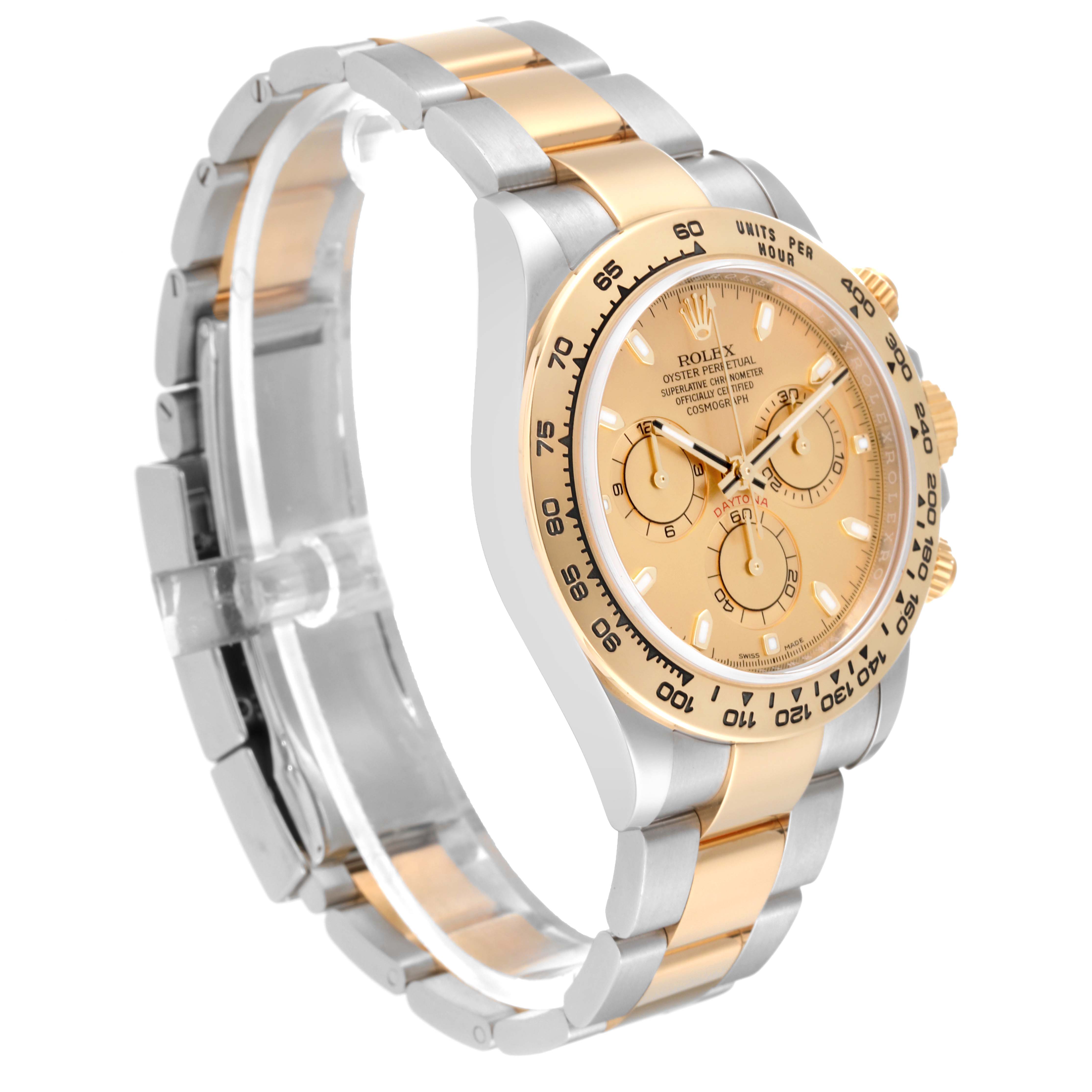 The image shows a side and front angled view of a Rolex Daytona 116503 Men's Steel and Gold (two tone) Champagne Dial 116503 Men's Steel and Gold (two tone) Champagne Dial, highlighting the gold and silver bracelet, dial, and bezel.
